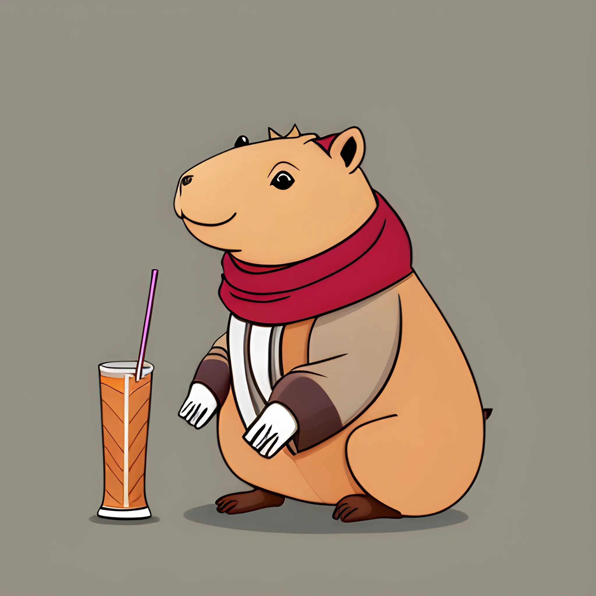 A big cute capybara with a scarf with a pinocolade cocktail with a straw. The background is made in a neutral monochrome sky color. A vector image. Cartoon style