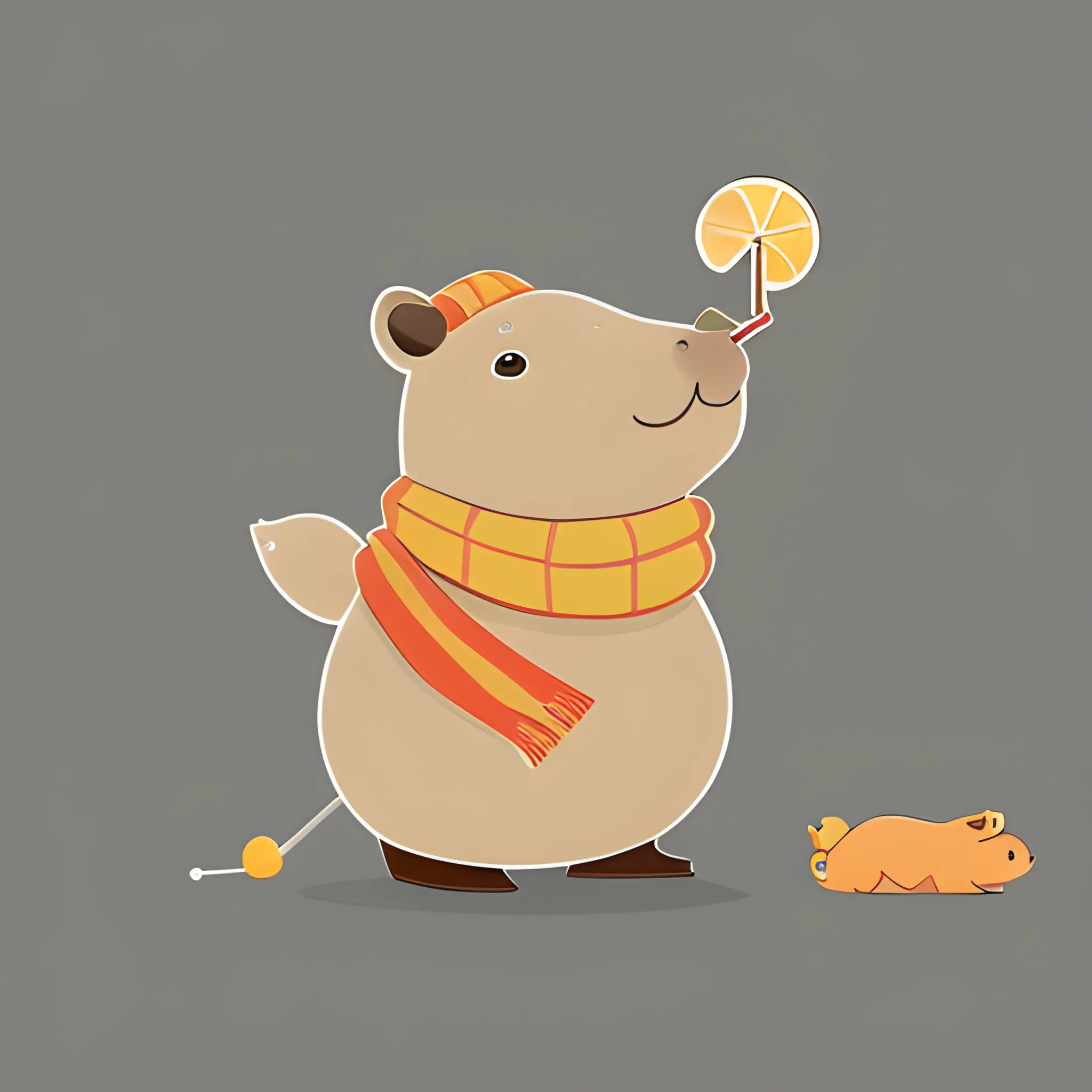 A big cute capybara with a scarf with a pinocolade cocktail in a Hurricane with a straw. The background is made in a neutral monochrome sky color. A vector image. Cartoon style.