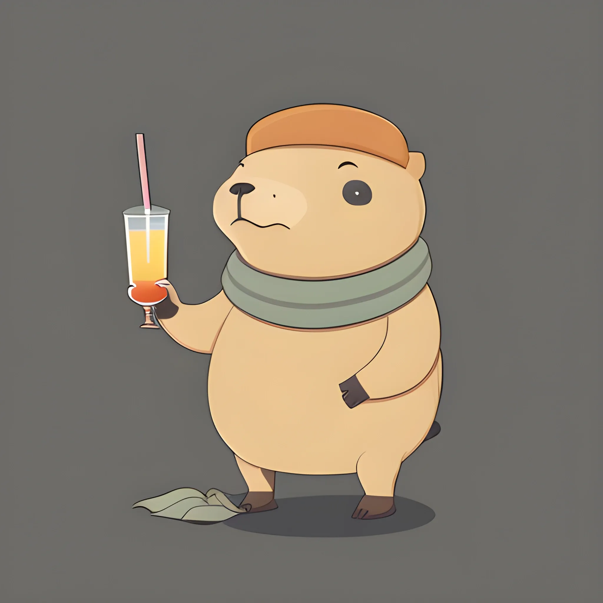 A big cute capybara with a scarf with a pinocolade cocktail in a Hurricane with a straw. The background is made in a neutral monochrome sky color. A vector image. Cartoon style.