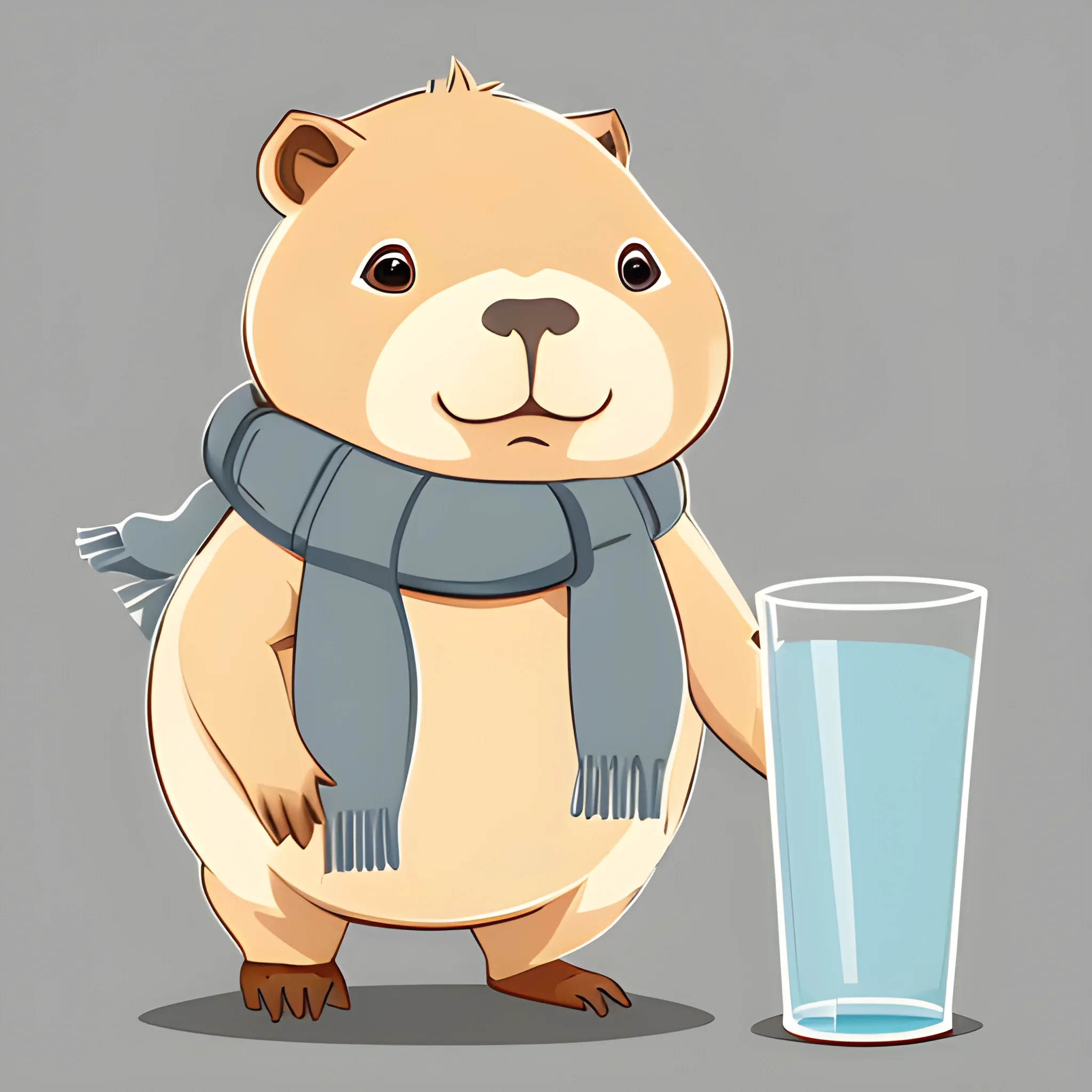 A big cute capybara with a scarf. She's holding a hurricane glass with pinacolade. The background is made in a neutral monochrome sky color. A vector image. Cartoon style.