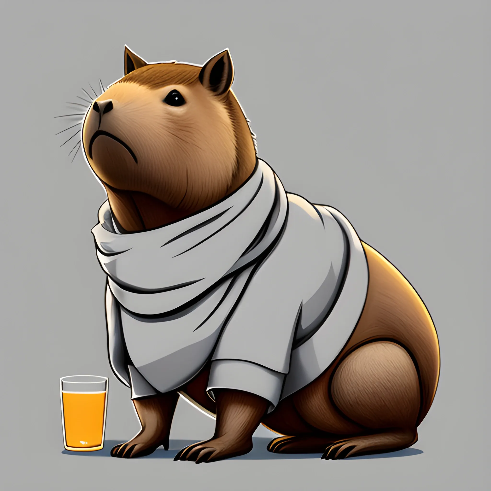 A big cute capybara with a scarf. She's holding a hurricane glass with pinacolade. The background is made in a neutral monochrome sky color. A vector image. Cartoon style.