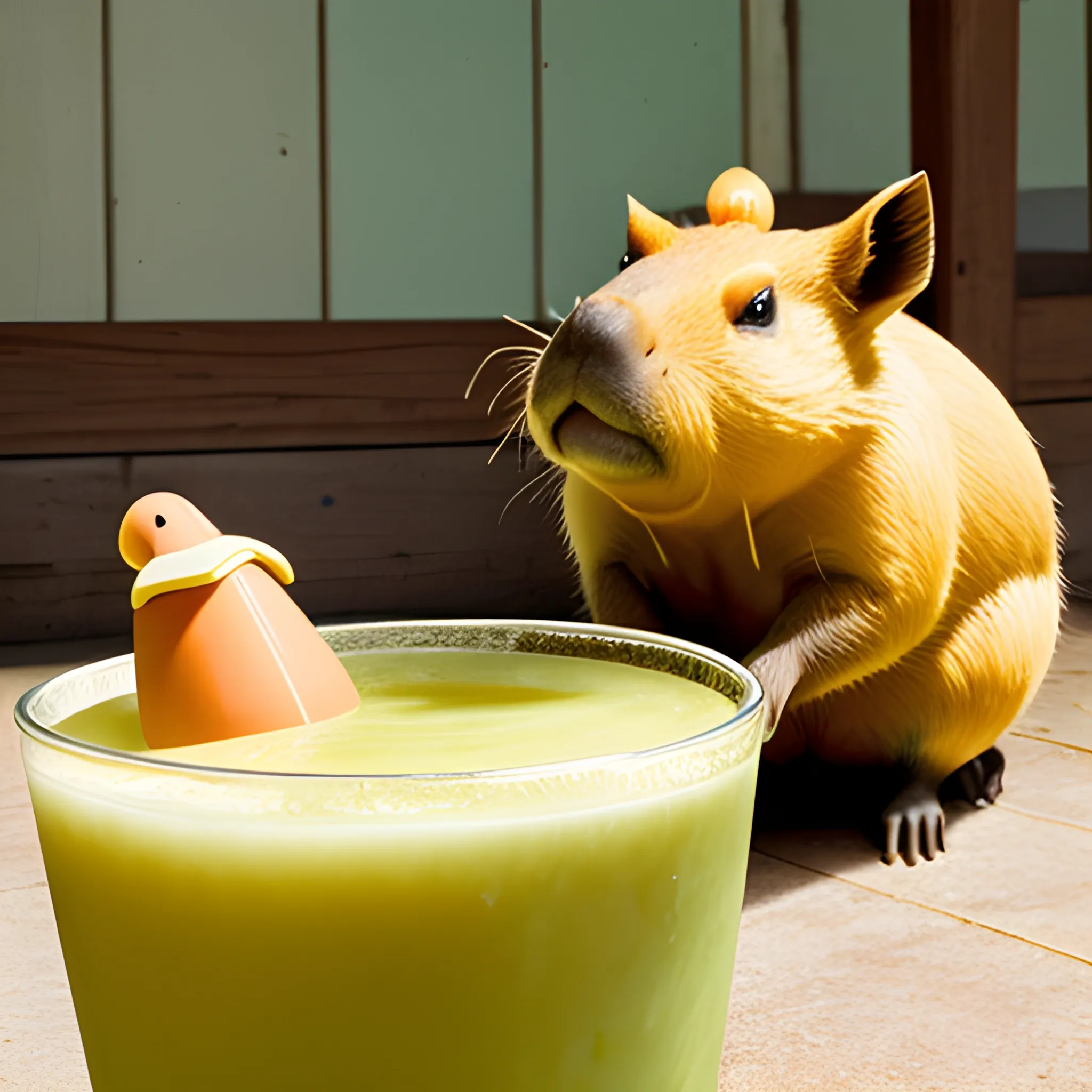 A capybara holds a pinocolada