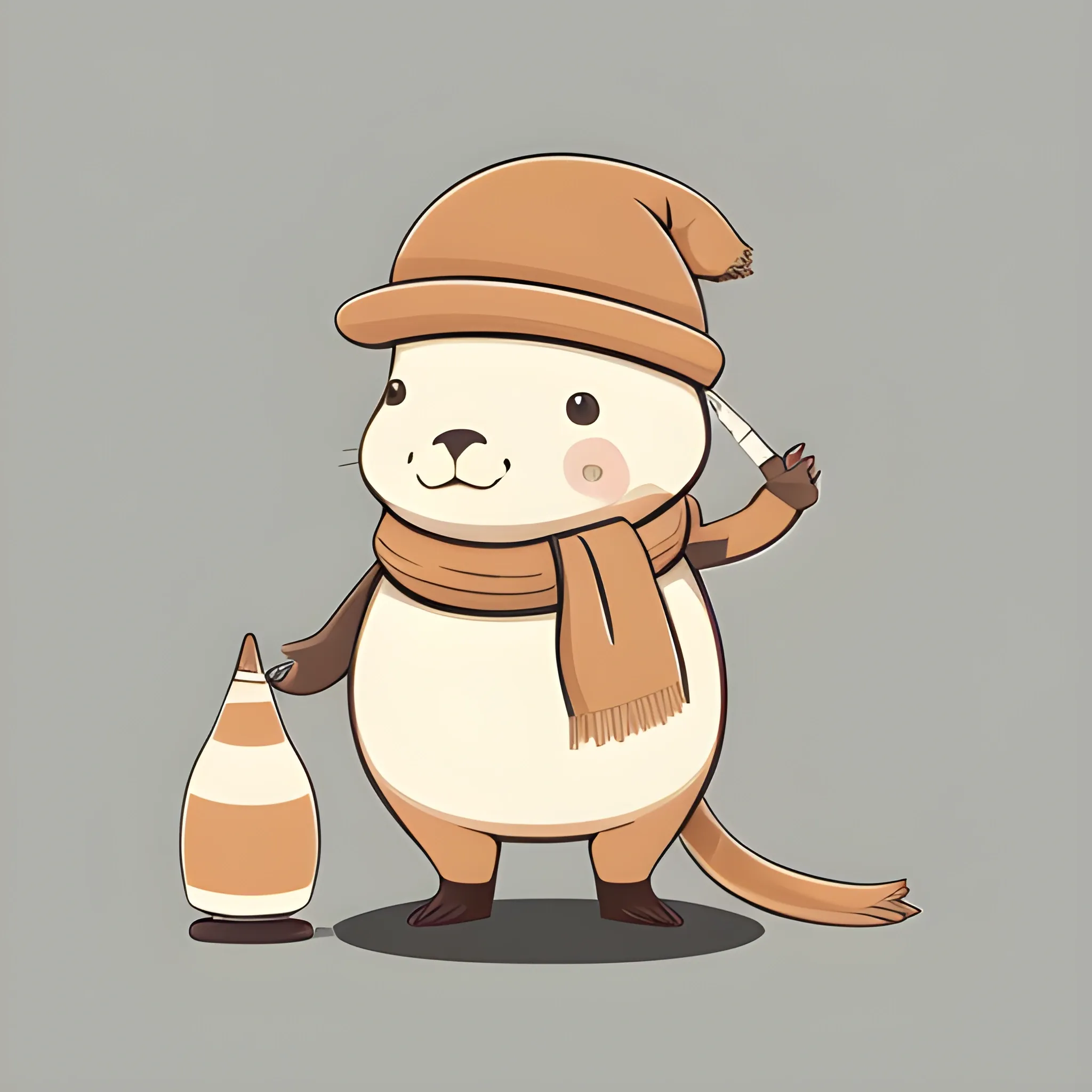 A big cute capybara with a scarf. She's holding a hurricane with a pinacolade. The background is made in a neutral monochrome sky color. A vector image. Cartoon style.