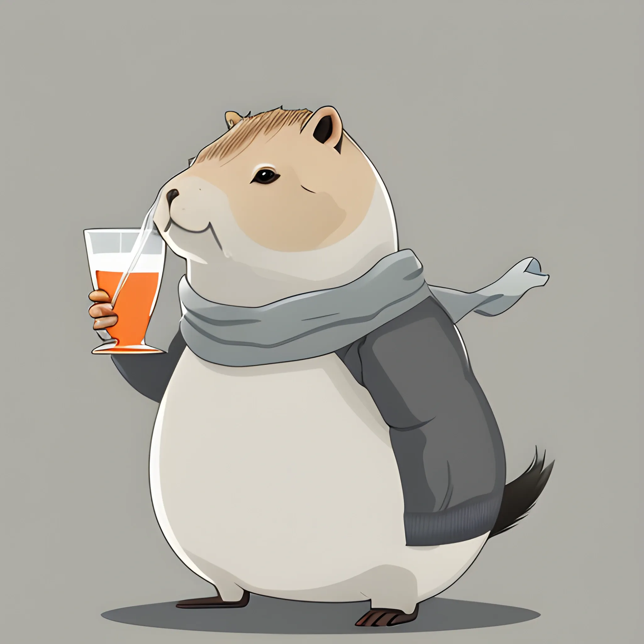 A big cute capybara with a scarf. She's holding a glass "hurricane" with a pinacolade. The background is made in a neutral monochrome sky color. A vector image. Cartoon style.