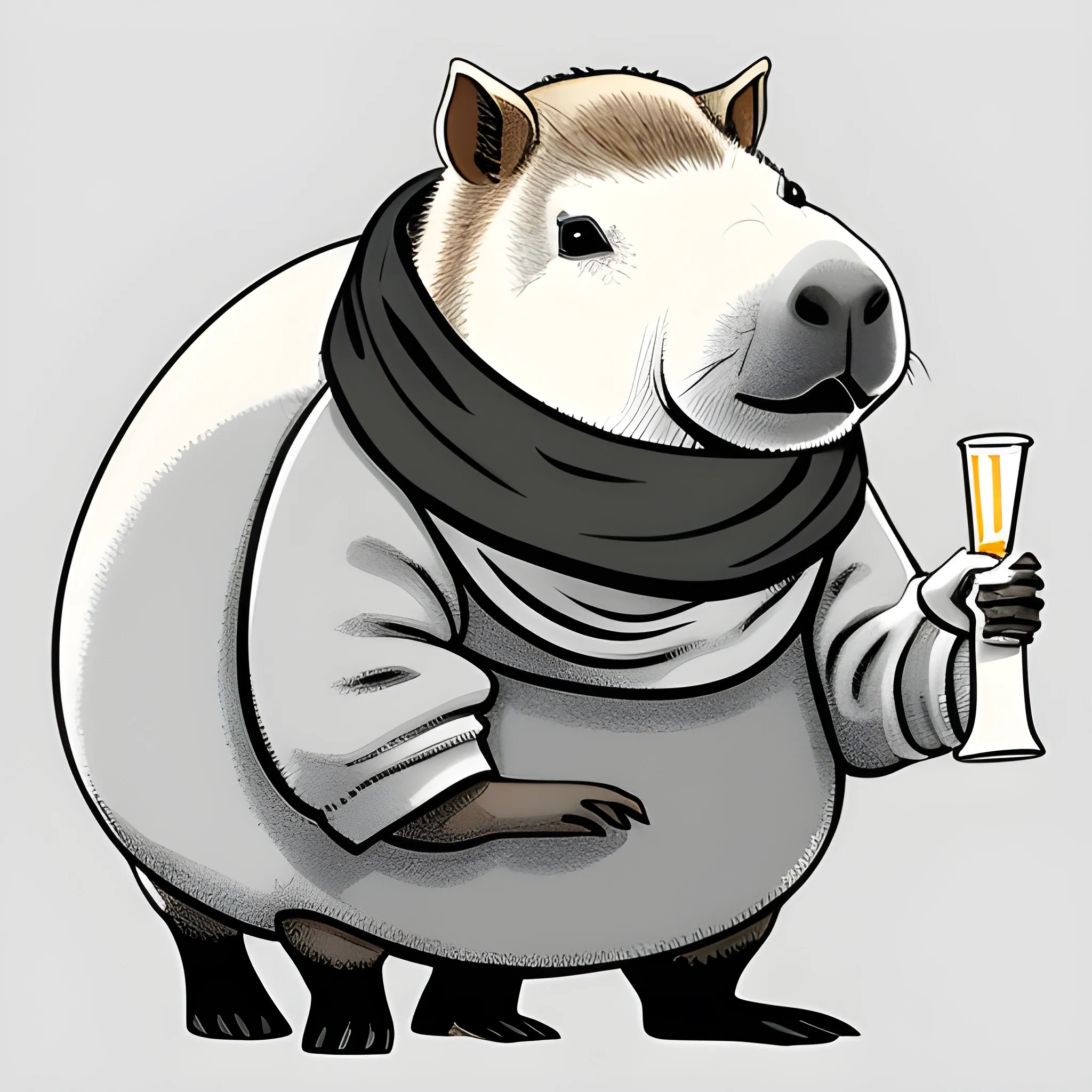 A big cute capybara with a scarf. She's holding a glass "hurricane" with a pinacolade. The background is made in a neutral monochrome sky color. A vector image. Cartoon style.