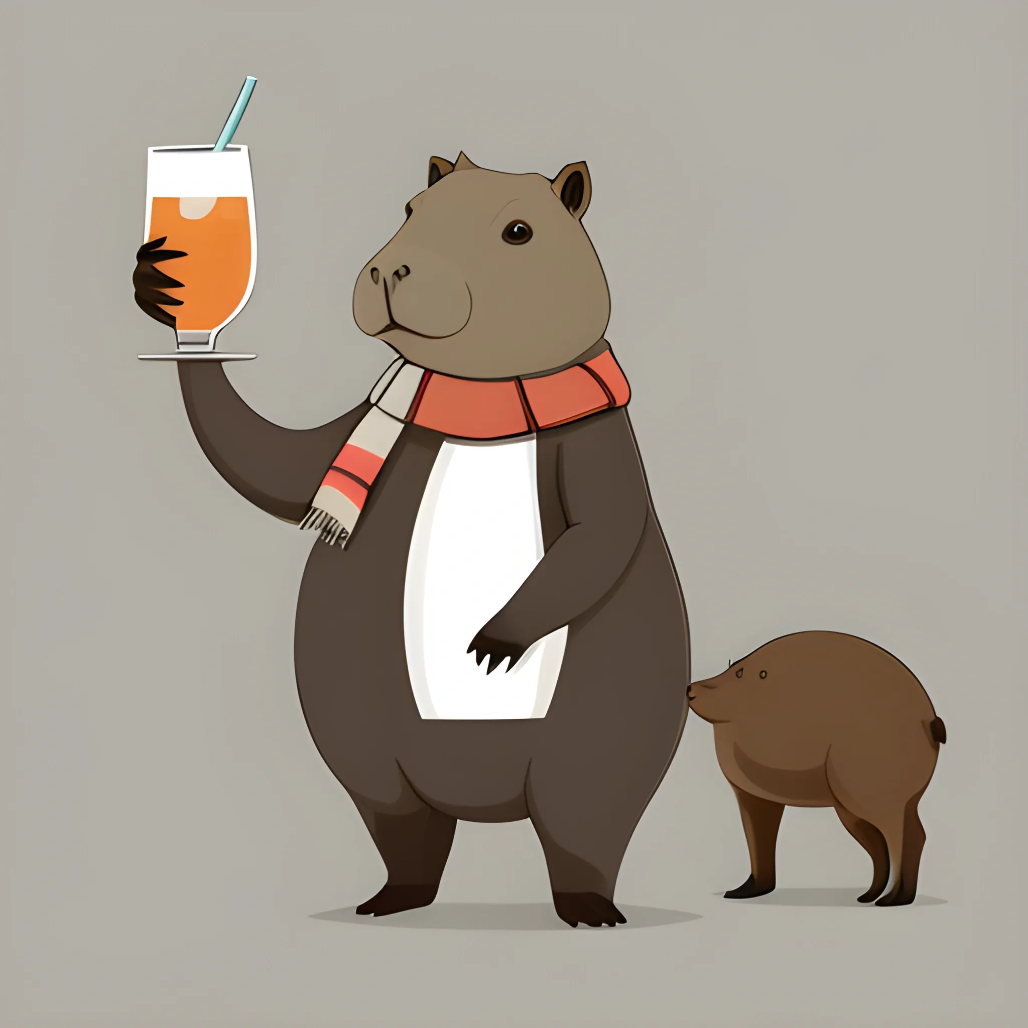 A big cute capybara with a scarf. She's holding a glass "hurricane" with a pinacolade. The background is made in a neutral monochrome sky color. A vector image. Cartoon style.