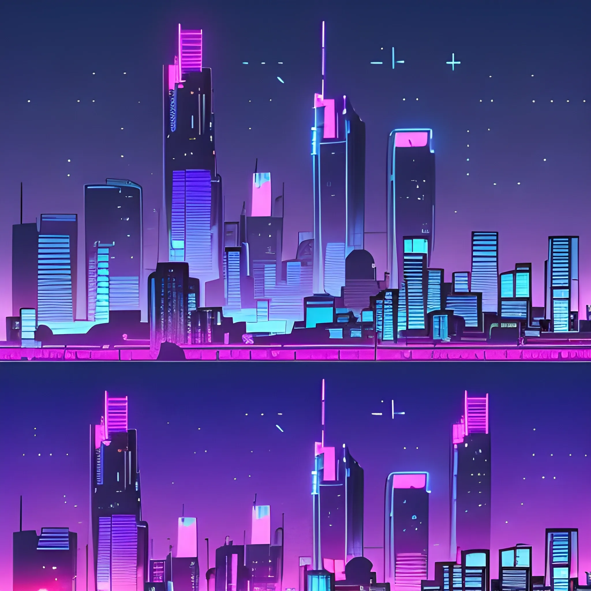 I want you to generate a skyline of an American comic style city seen from afar.
The lighting of the city must have neon cyberpunk colors mixing purple and blue with some orange touches.
The sky must be very dark blue almost black, without moon or stars.
The resolution will be landscape 1080 x 1920.