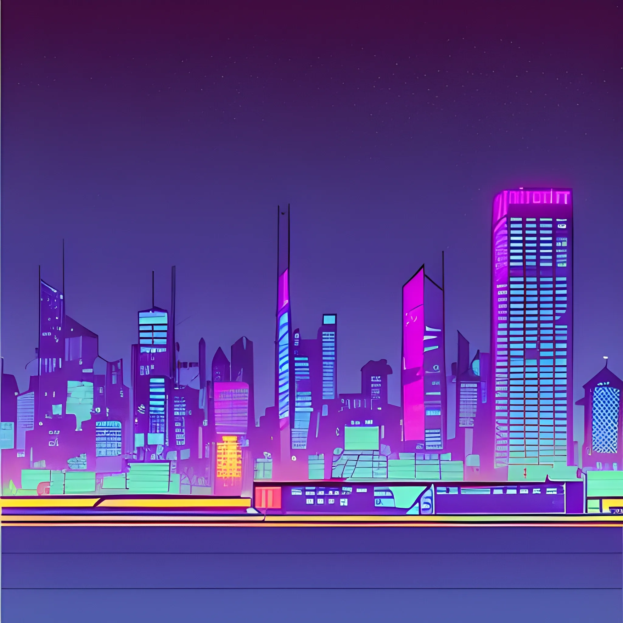 I want you to generate a skyline of an American comic style city seen from afar.
The lighting of the city must have neon cyberpunk colors mixing purple and blue with some orange touches.
The sky must be black, without moon or stars.
The resolution will be landscape 1080 x 1920.