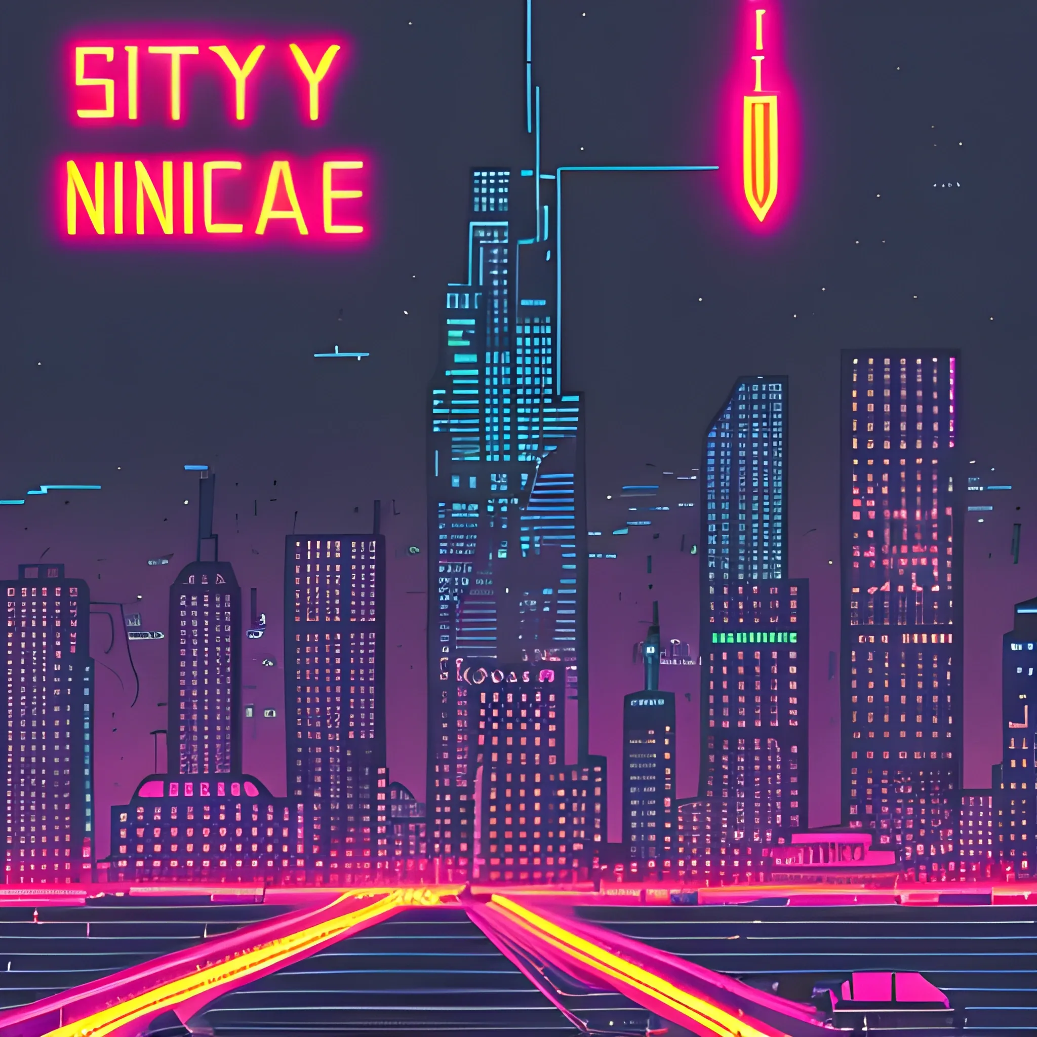 I want you to generate a skyline of an old American comic style city seen from afar.
The lighting of the city must have neon cyberpunk colors.
The sky must be black, without moon or stars.
The resolution will be landscape 1080 x 1920.