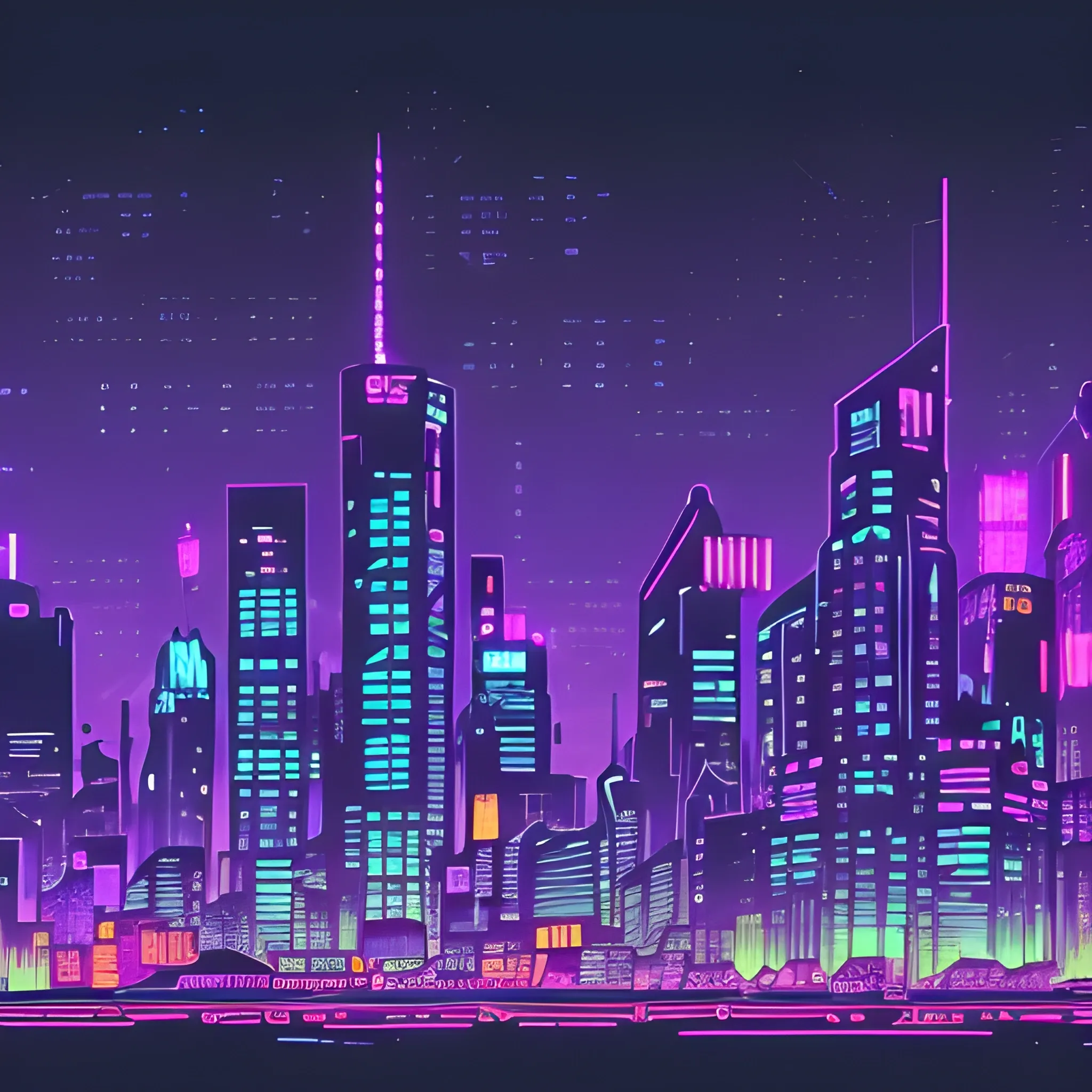 I want to generate the skyline of a city at night seen from afar.
The drawing style must be old American comics.
The sky must be completely black without moon or stars.
The lighting of the city must have neon cyberpunk colors mixing purple and blue with some orange touches.
The resolution will be landscape 1080 x 1920.