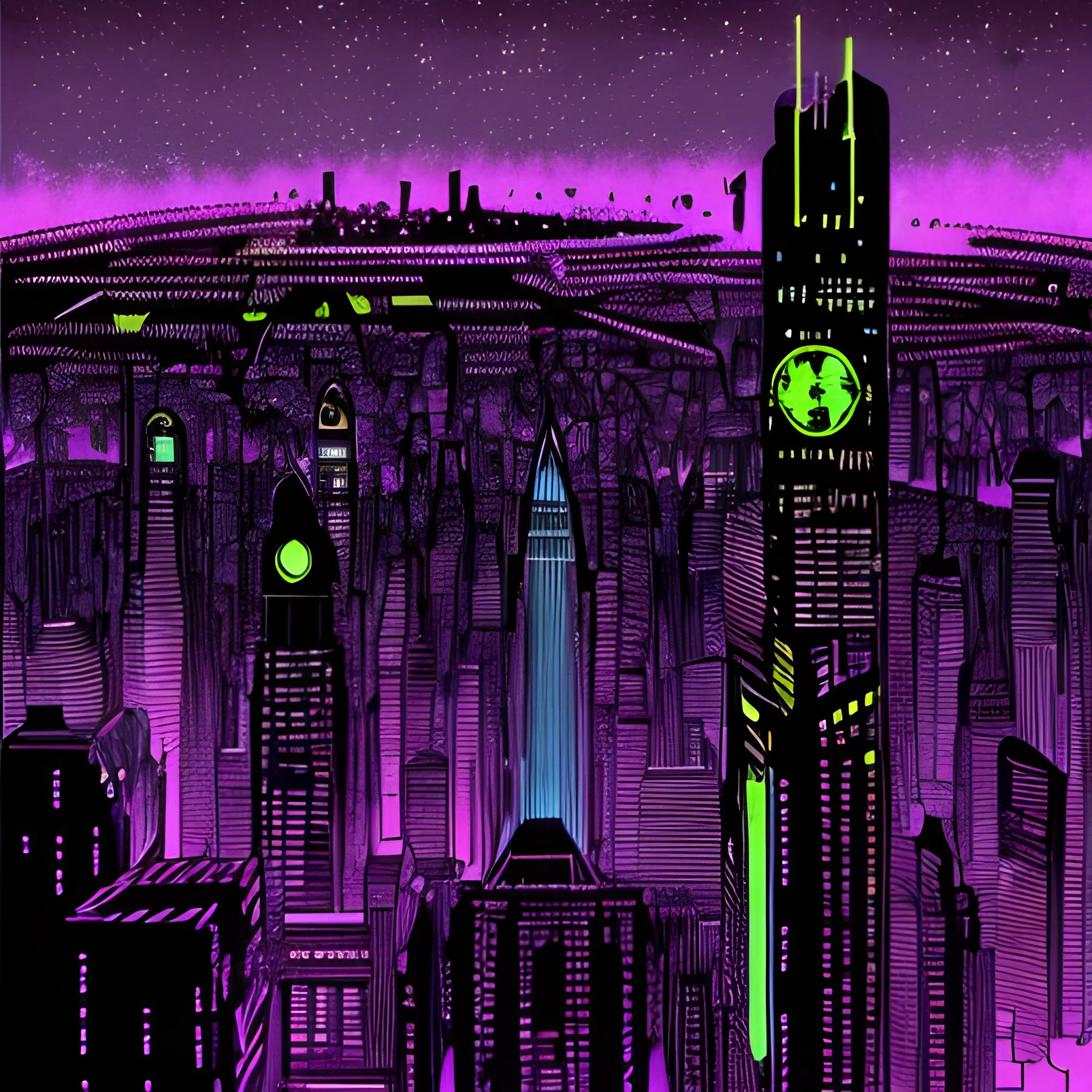 I want to generate the skyline of a city at night seen from afar.
The sky must be completely black without moon or stars.
The drawing style must be old American comics.
The sky must be completely black without moon or stars.
The lighting of the city must have neon cyberpunk colors mixing purple and blue with some orange touches.
The resolution will be landscape 1080 x 1920.