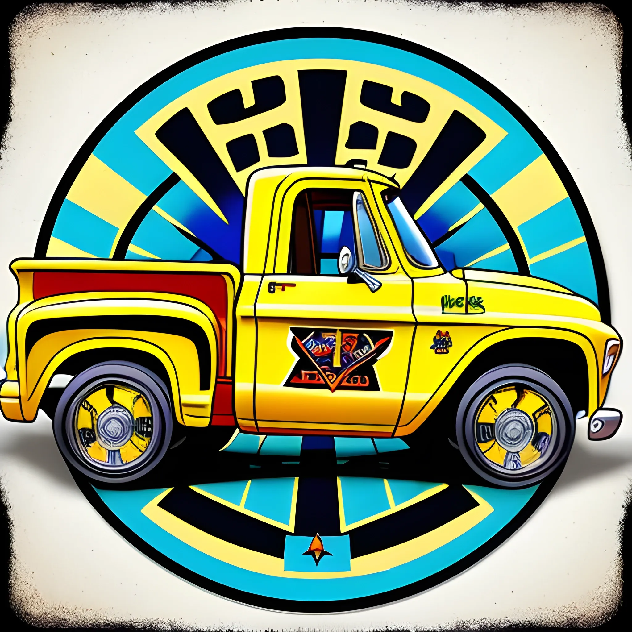 Retro-themed head tube badge for a bicycle, featuring the classic design of a 1967 Chevrolet C10 pickup truck. Incorporate detailed graphics, like the iconic grille pattern or rounded fenders, in a stylized, comic book-inspired aesthetic. Add some bike-specific elements, such as a chain or wheels, seamlessly integrated into the design. Use bold lines and bright colors to evoke a fun, nostalgic feel., 3D