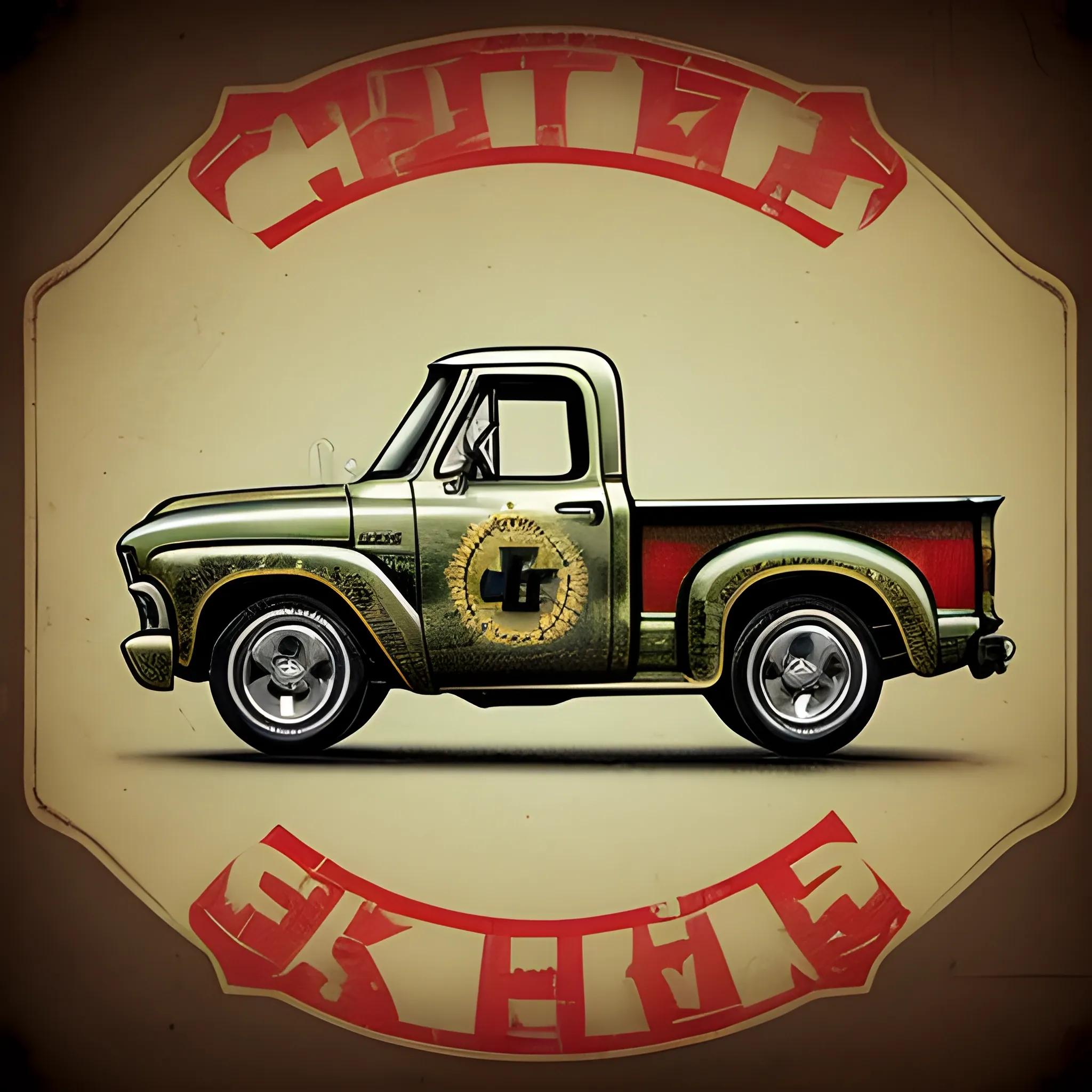 Vintage American truck-inspired head tube badge for a bicycle. Use 1967 Chevrolet C10 pickup truck logo elements, like the 'C' and '10', in a distressed, retro-style design. Add some bike-specific details, like gears or pedals, subtly integrated into the graphics. Incorporate a bold, graffiti-like font to give it a DIY feel., Pencil Sketch, 3D