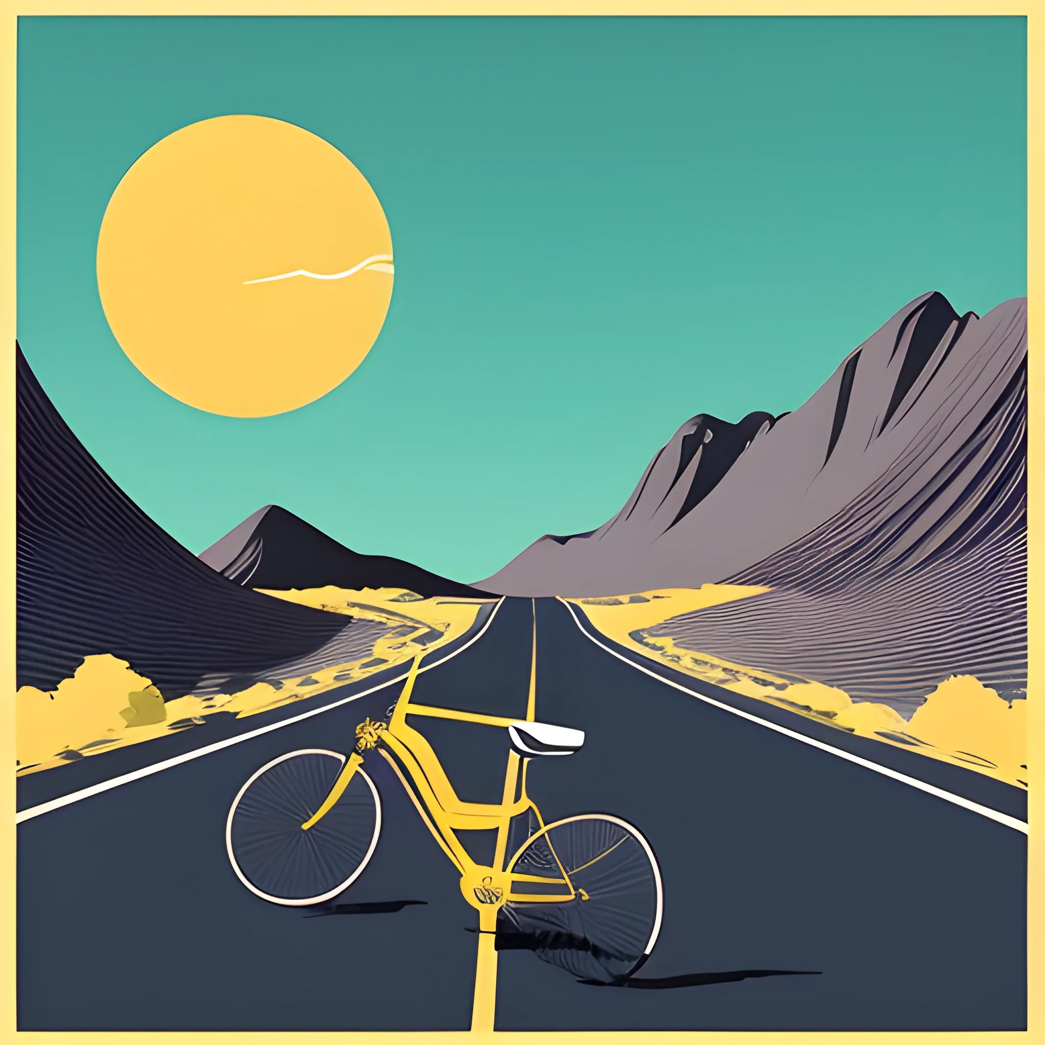 Generate an image of a mid-century modern-style bike silhouette set against a dreamy, stylized landscape. The bike should be designed in a minimalist style with clean lines and minimal details. Incorporate a small, hand-drawn map or rough sketch of a route in the foreground, with key landmarks and roads scribbled in a playful, cursive font. 

The image should feature a dark blue (#2E4053) sky with a few wispy clouds, and a bright yellow (#F7DC6F) sun shining down. The landscape should be rendered in soft, muted colors to evoke a sense of serenity. 

In the top-right corner, include the text 'unScripted6160' in a fun, cursive script font (e.g., Pacifico or Great Vibes). The bike and map elements should be rendered with crisp lines and bold colors to create a visually appealing contrast with the softer landscape. 

Style the image in the style of retro-futurism, combining vintage-inspired design elements with a sense of adventure and possibility. The overall mood should be one of carefree joy, as if the rider is embarking on a thrilling journey., Water Color