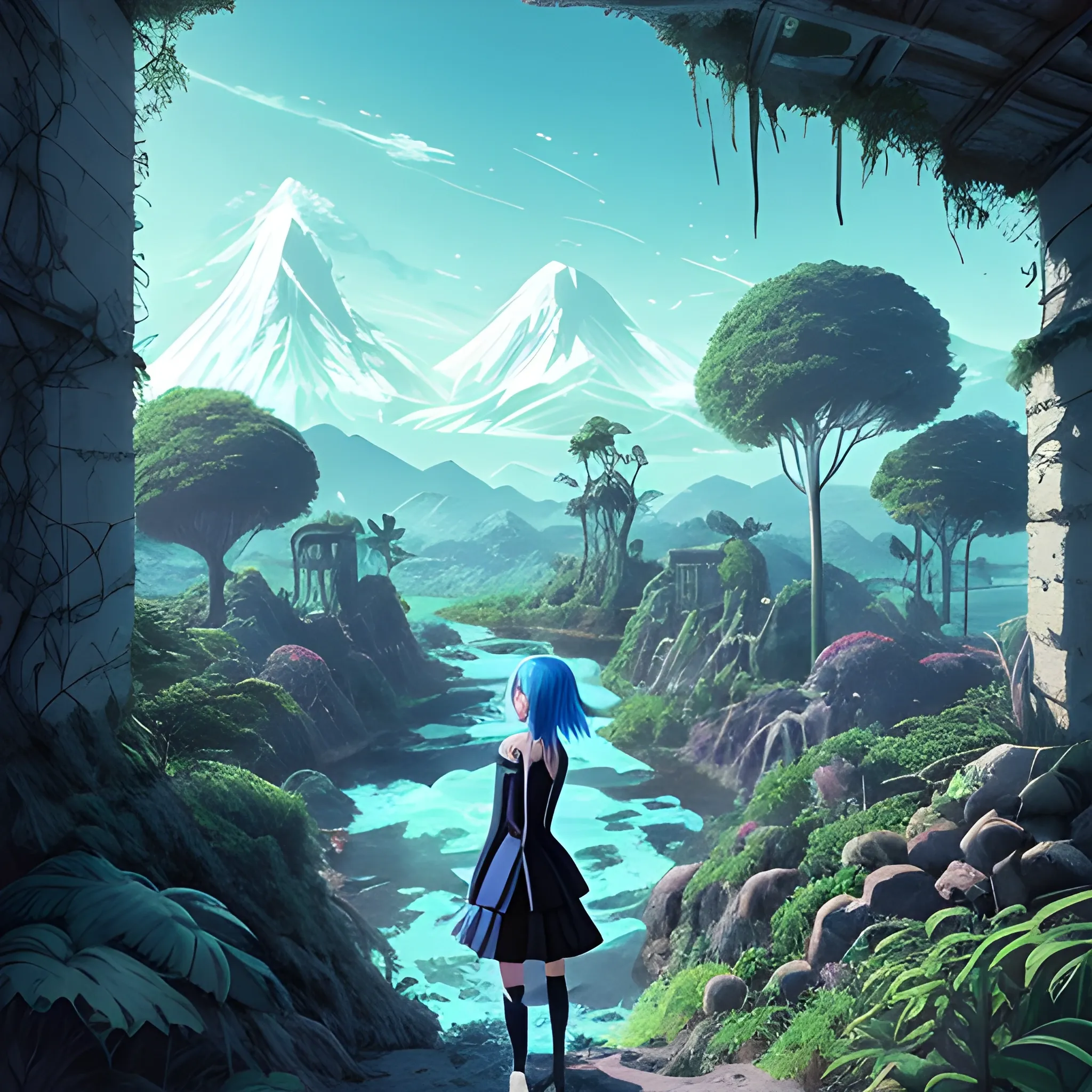 Prompt 3: Chica anime con traje de látex negro con detalles en forma de líneas azules para dar un aspecto futurista, pelo azul, en un paisaje post-apocalíptico con edificios en ruinas y vegetación creciendo entre los escombros, la chica está explorando el área con una expresión decidida, el ambiente es misterioso y lleno de suspense, ilustración en estilo distópico, --ar 16:9 --v 5, 3D