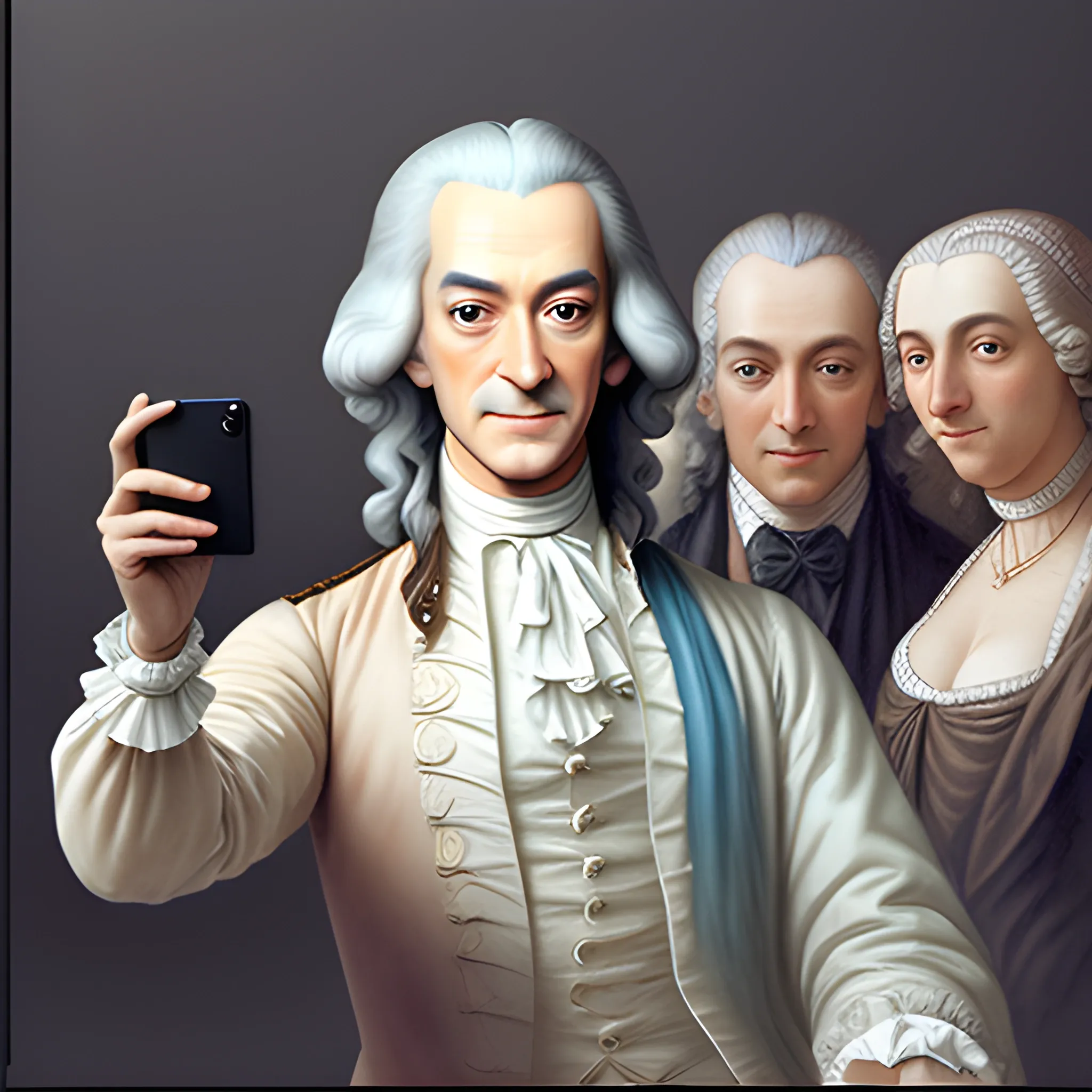 make a realistic selfie image from selfie camera of voltaire taking a selfie with today top celebrites + make the image so realistic, 3D, Water Color