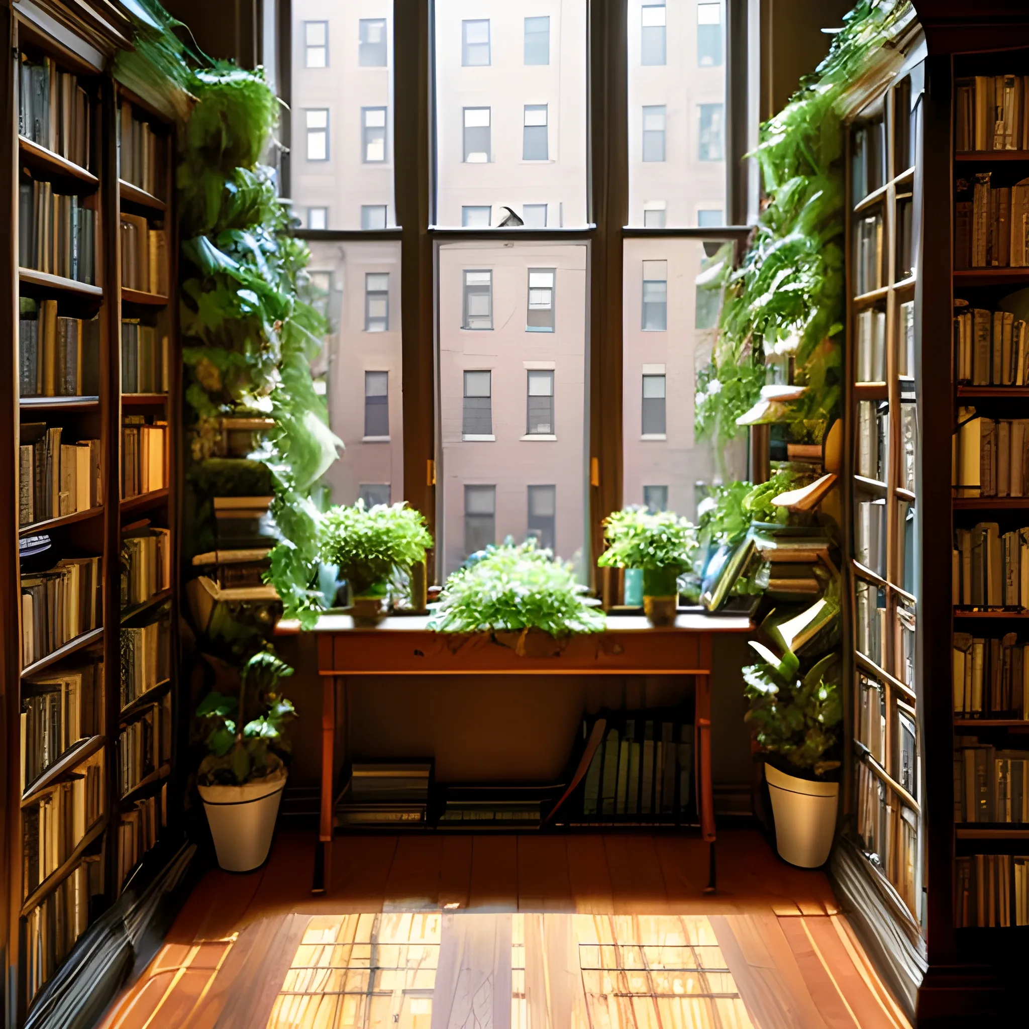 Illuminated hallway with plants hanging in the window, a table decorated with books and decorated wood, window in the background, New York City
