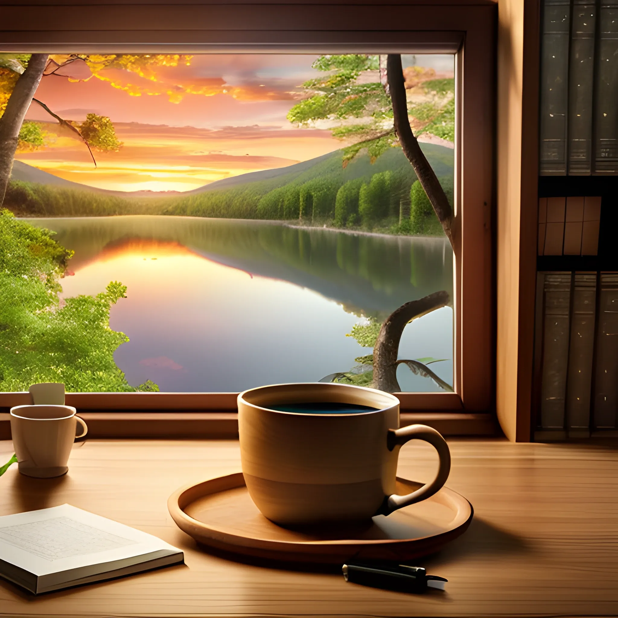 Desk with turned off computer, books, cup in front of a window with a landscape of forest and lake at sunset