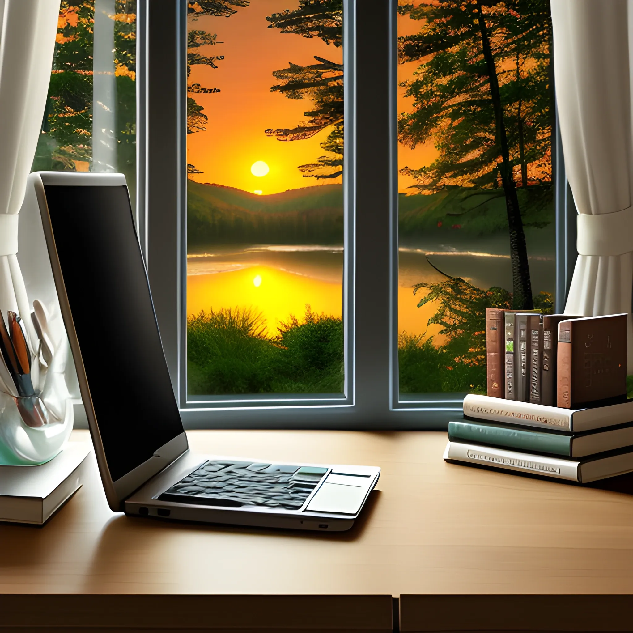  desktop with turned off computer books cup in front of a window with a landscape of forest and lake at sunset architectural plans on the desk
