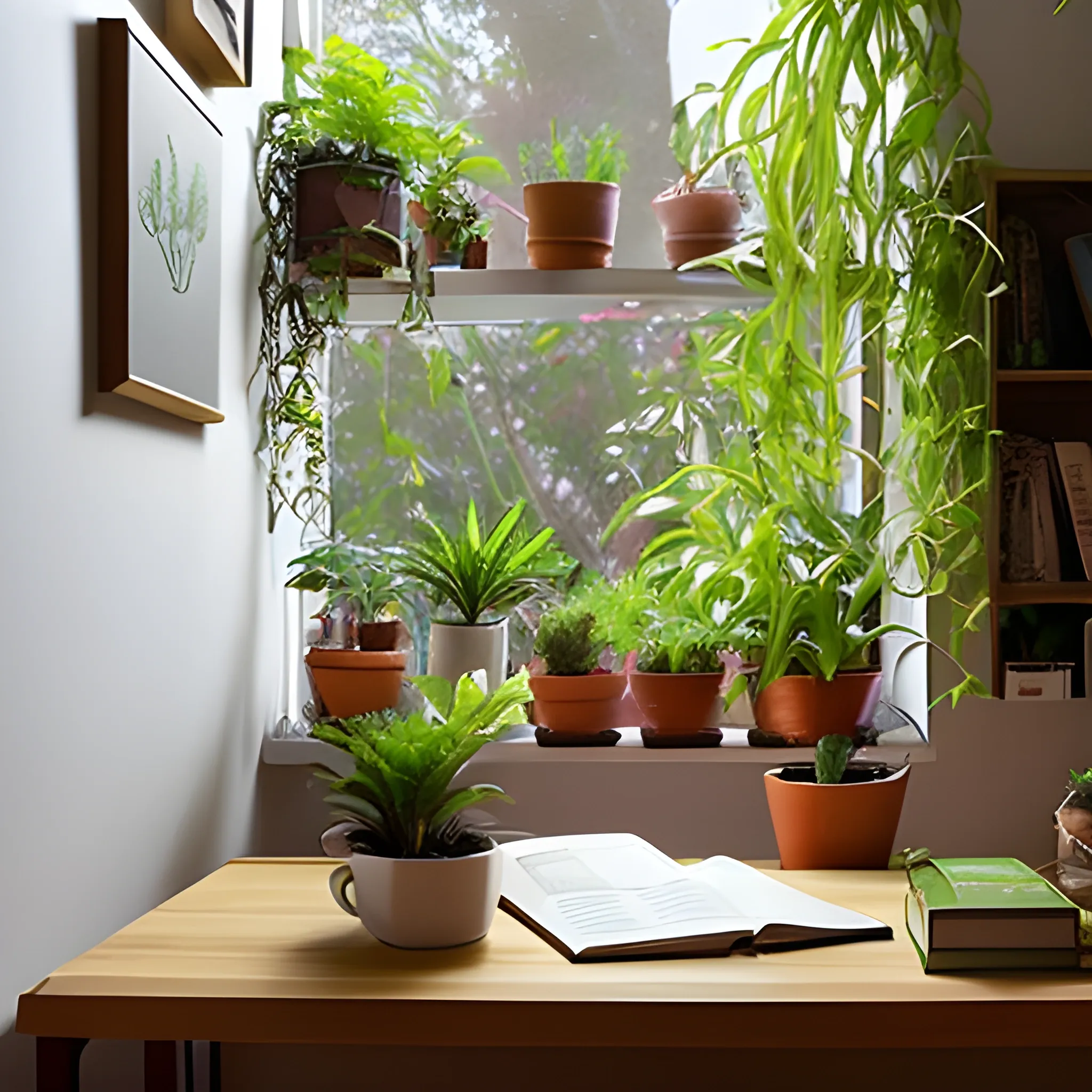 cuarto con plantas y libros un escritorio computadora libros cafe en una taza ventana 