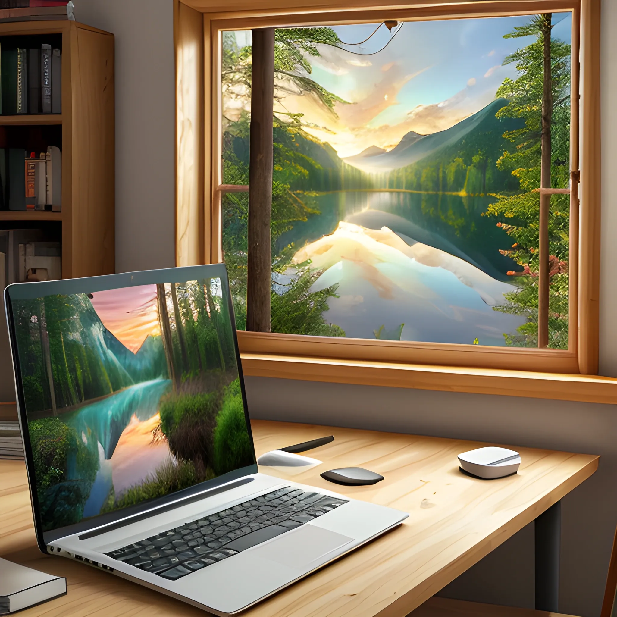 A realistic beautiful natural landscape, realistic desktop with turned off computer books cup in front of a window with a landscape of forest and lake at sunset architectural plans on the desk 4k resolution, hyper detailed 