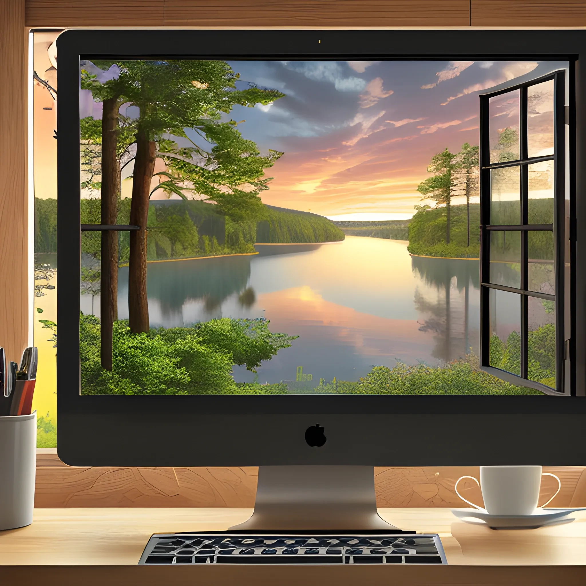 A realistic beautiful natural landscape, realistic desktop with turned off computer books cup in front of a window with a landscape of forest and lake at sunset architectural plans on the desk 4k resolution, hyper detailed 