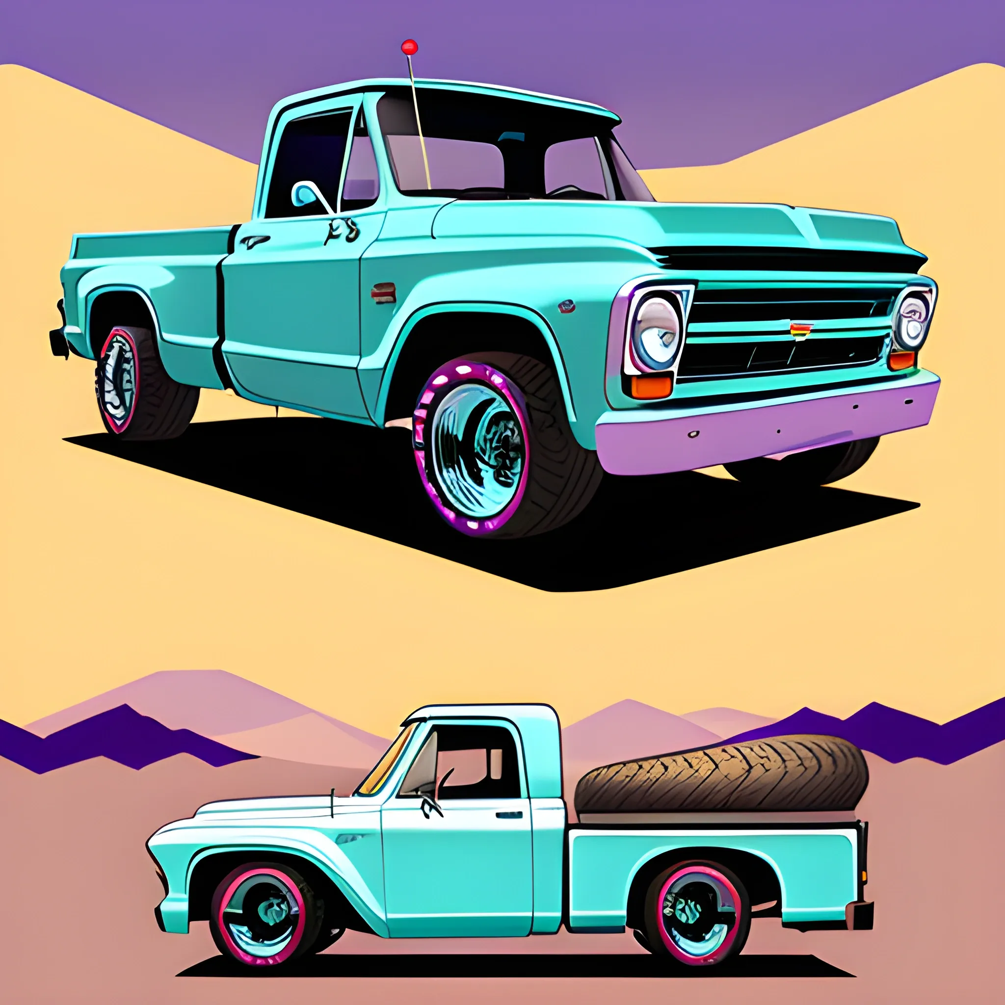 Vector art style 1967 Chevrolet C10 pickup truck, medium blue color, slammed to the ground, air suspension look, centered as a logo design. Truck body nearly touching the broken concrete road beneath it. Smooth, clean body lines with no side marker lights. Desert landscape background with sandy hills and a cactus silhouette. Sunset sky with gradient colors from orange to purple. Exaggerated low profile tires tucked into wheel wells. Simplified but recognizable truck details, emphasizing strong lines and dramatic low stance. Stylized dust or sand particles in the air