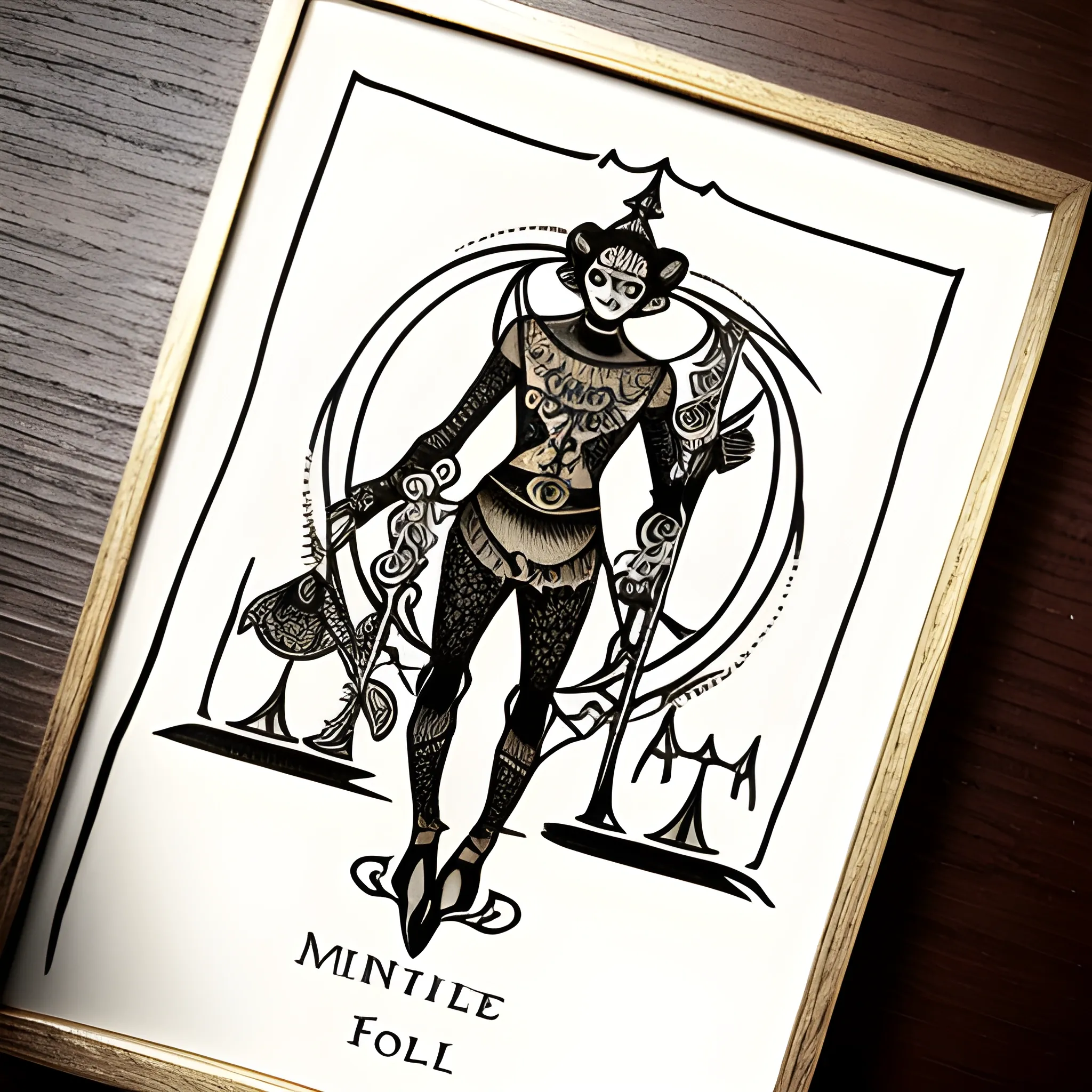 Tattoo design, minimalistic, tarot card, The Fool tarot, with frame