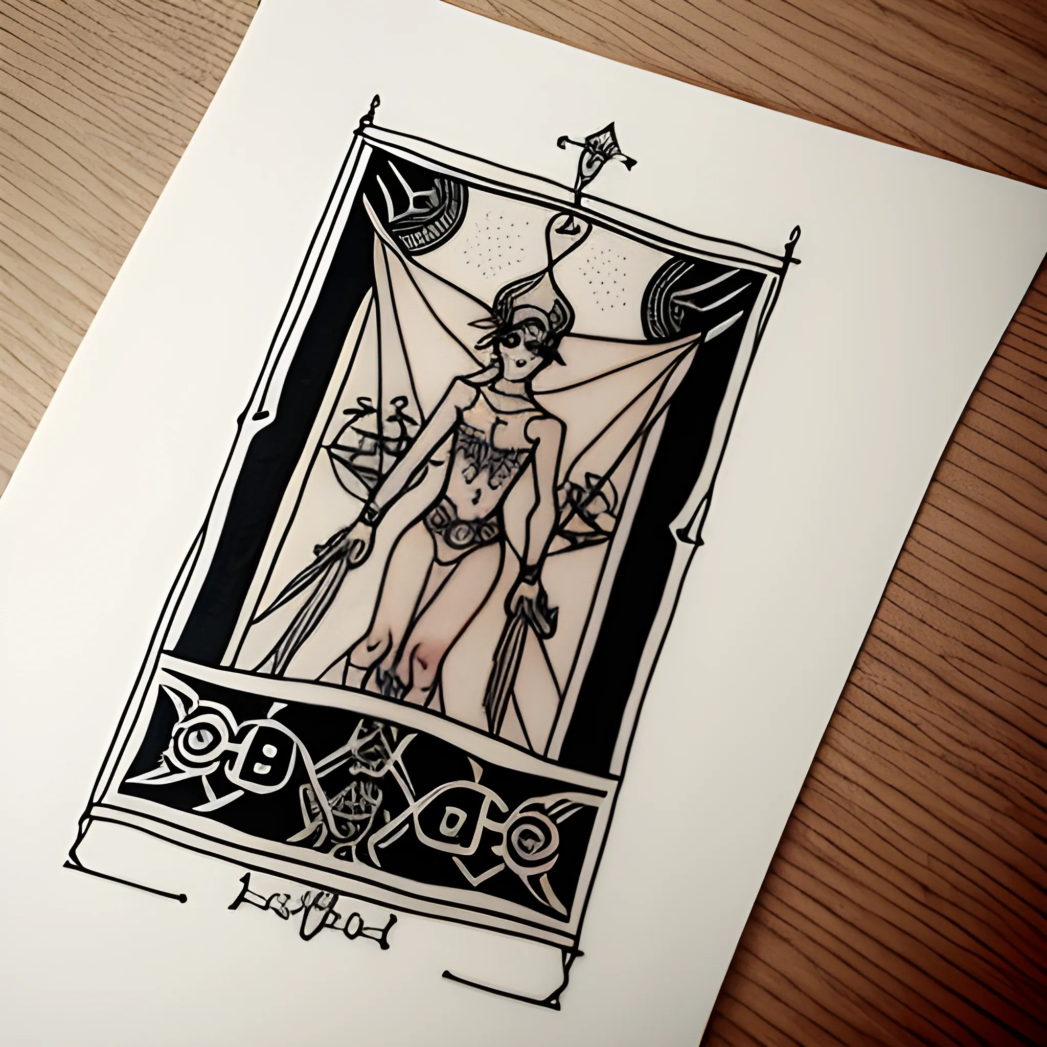 Tattoo design, minimalistic tattoo, tarot card, The Fool tarot, with frame, thin lines