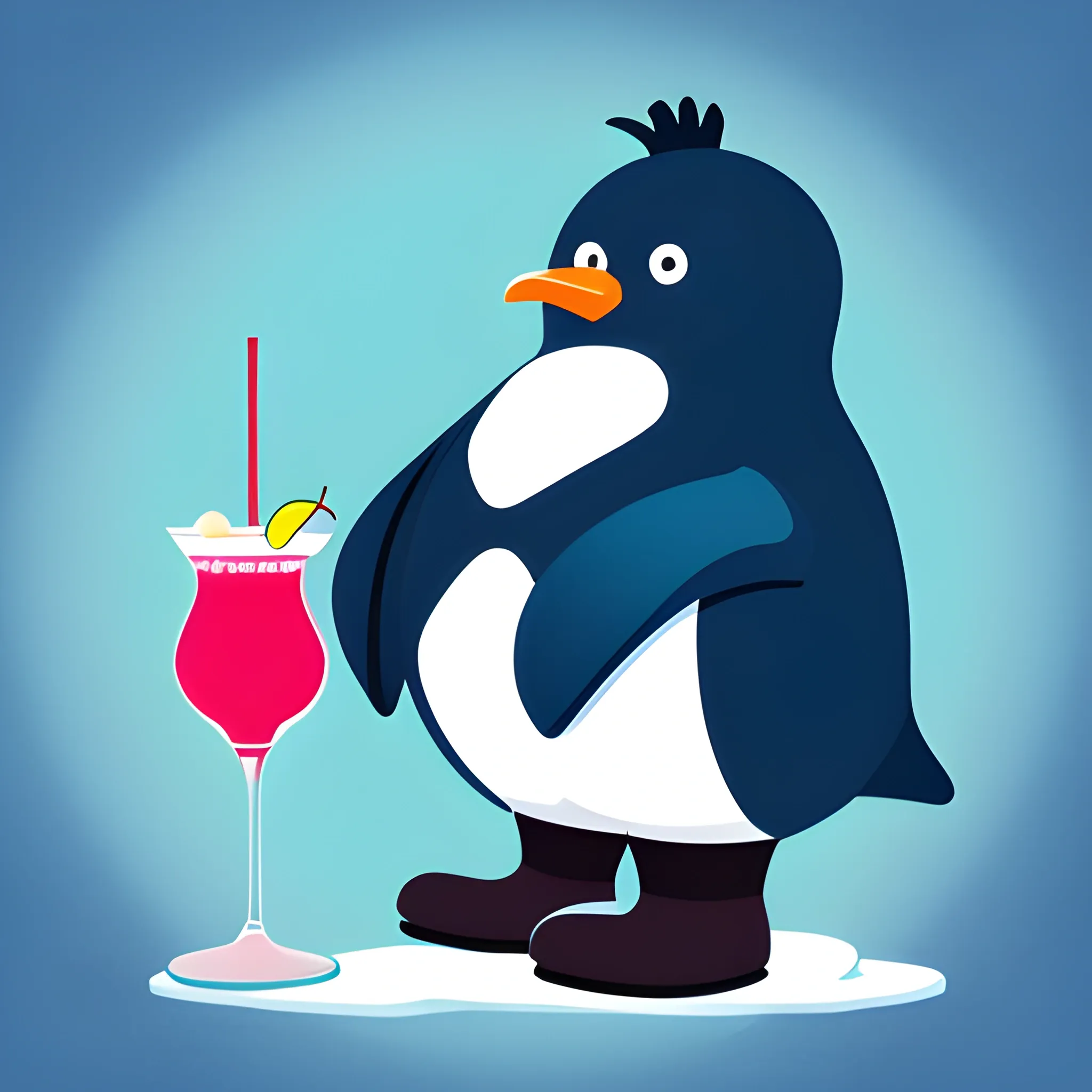 a big kind penguin in felt boots. He's holding a blue lagoon cocktail. The background is made in a neutral monochrome ruby color. A vector image. Cartoon style.