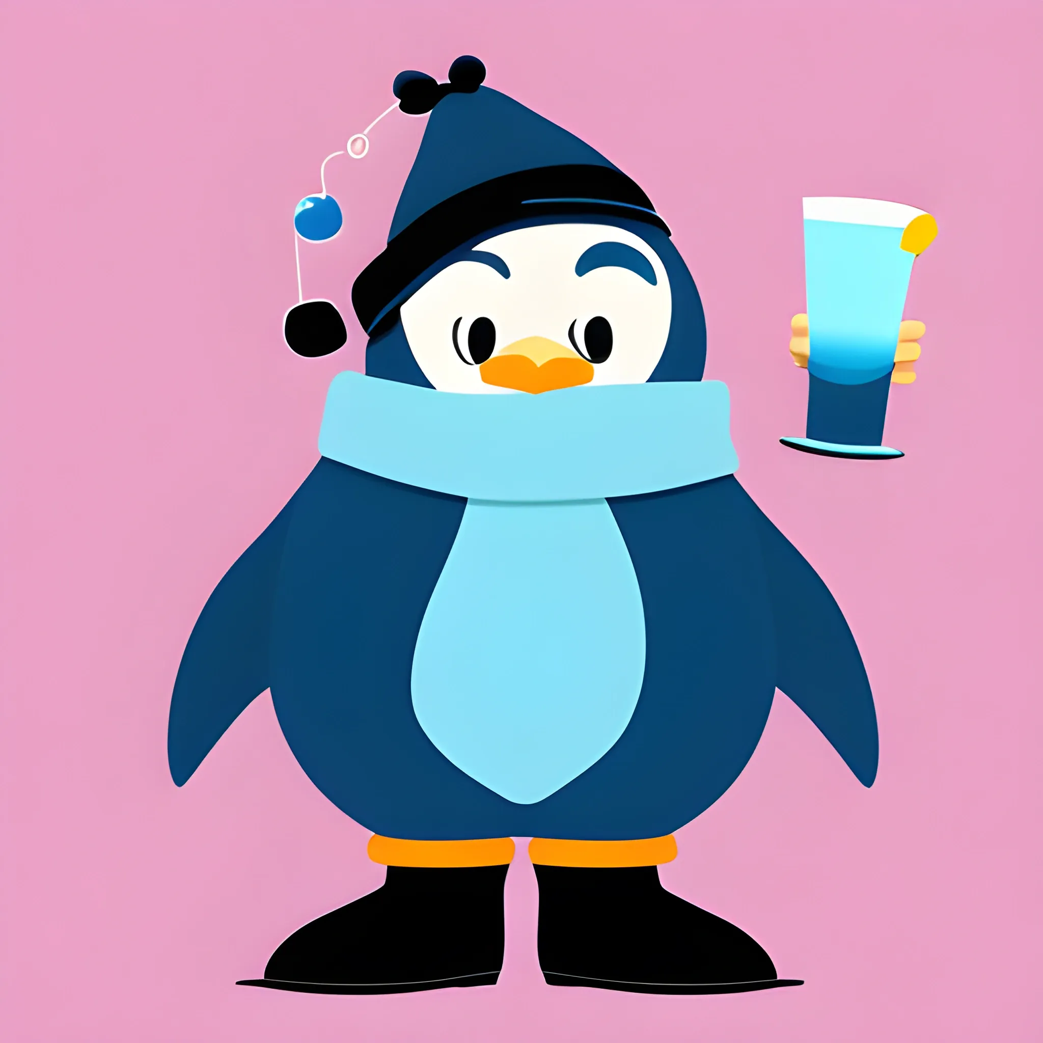 a big kind penguin in felt boots. He's holding a blue blue 
 blue  blue  lagoon cocktail. The background is made in a neutral monochrome ruby color. A vector image. Cartoon style.