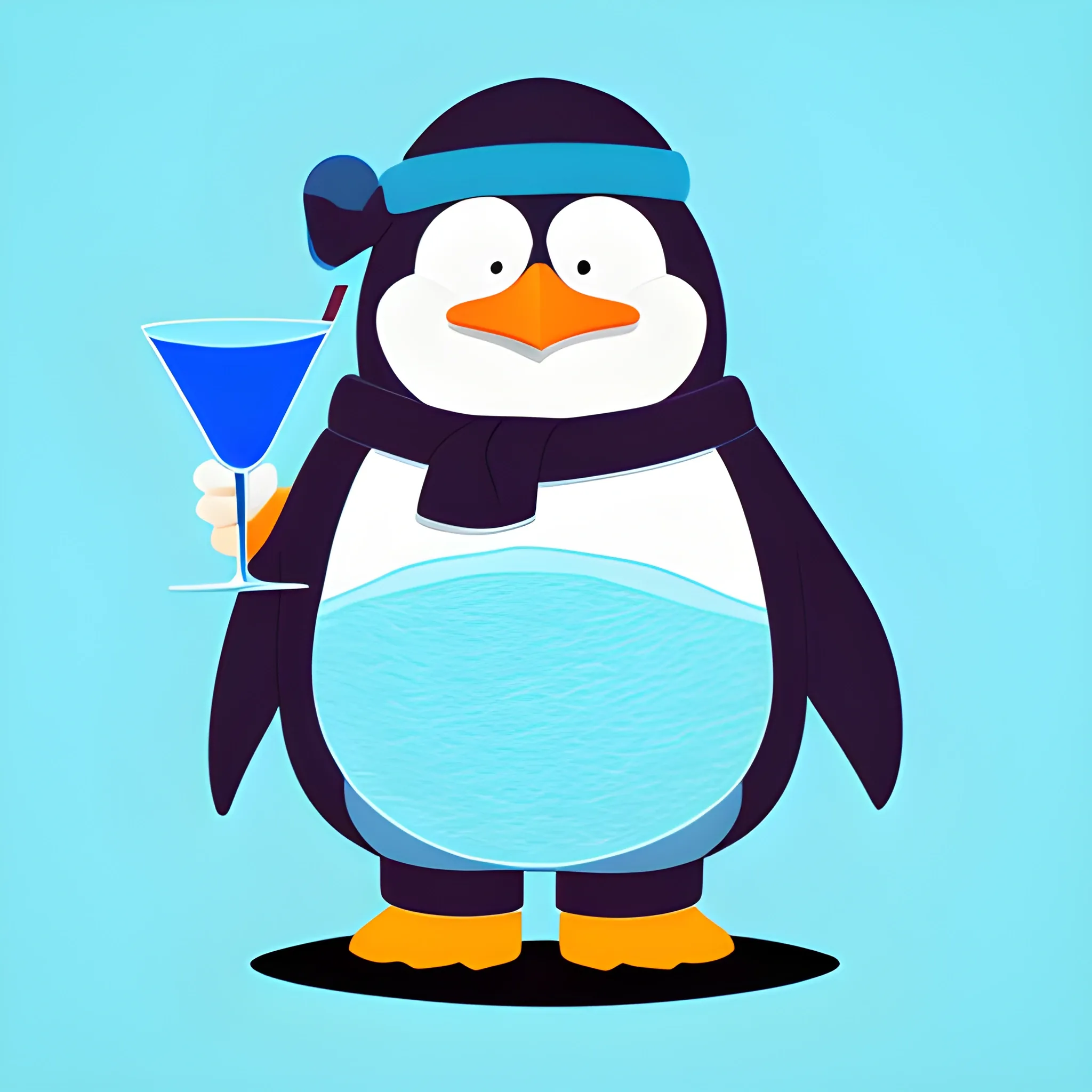 a big kind penguin in felt boots. He's holding a blue blue 
 blue  blue  lagoon cocktail. The background is made in a neutral monochrome ruby color. A vector image. Cartoon style.