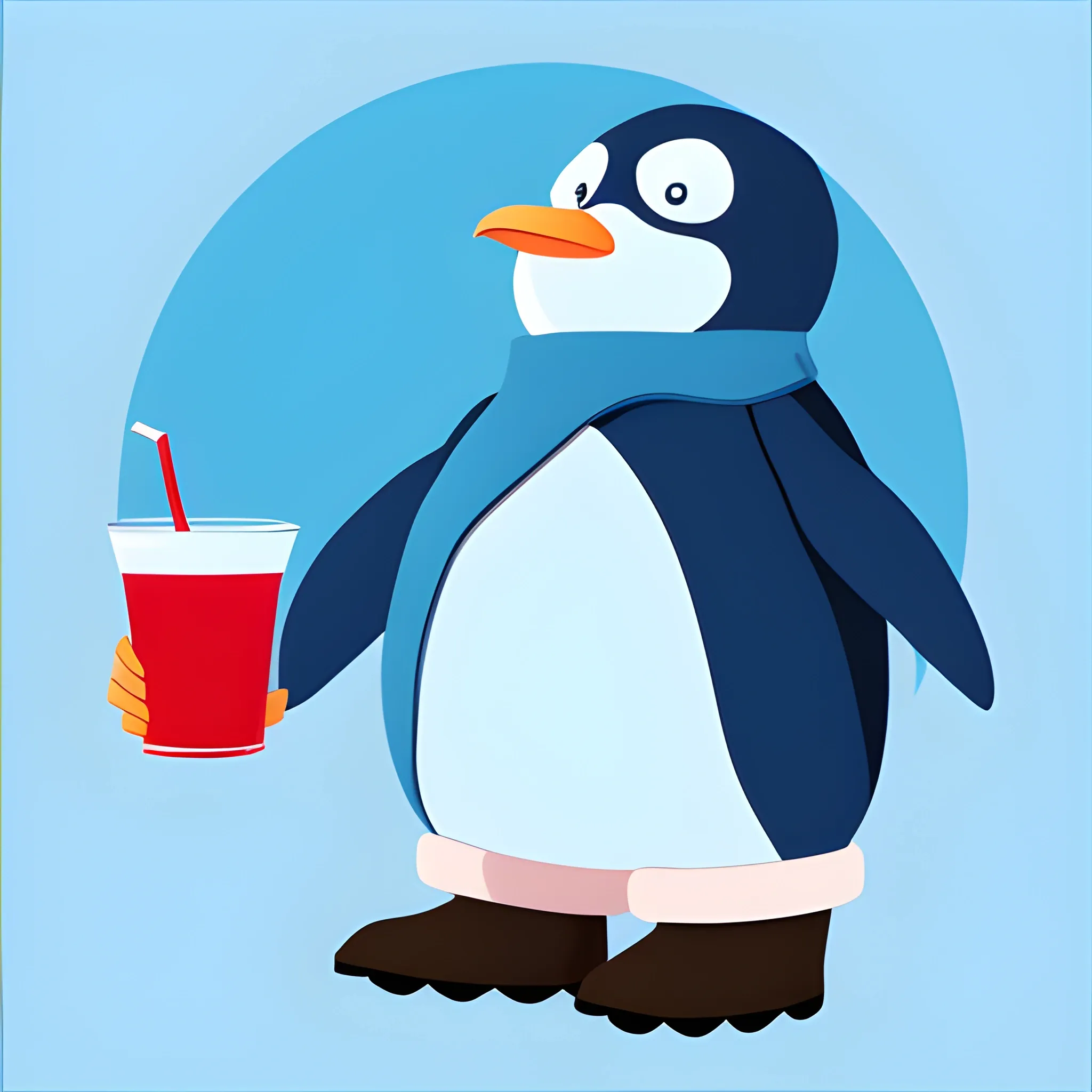 a big kind penguin in felt boots. He's holding a blue blue 
 blue  blue  lagoon cocktail. The background is made in a neutral monochrome ruby color. A vector image. Cartoon style.