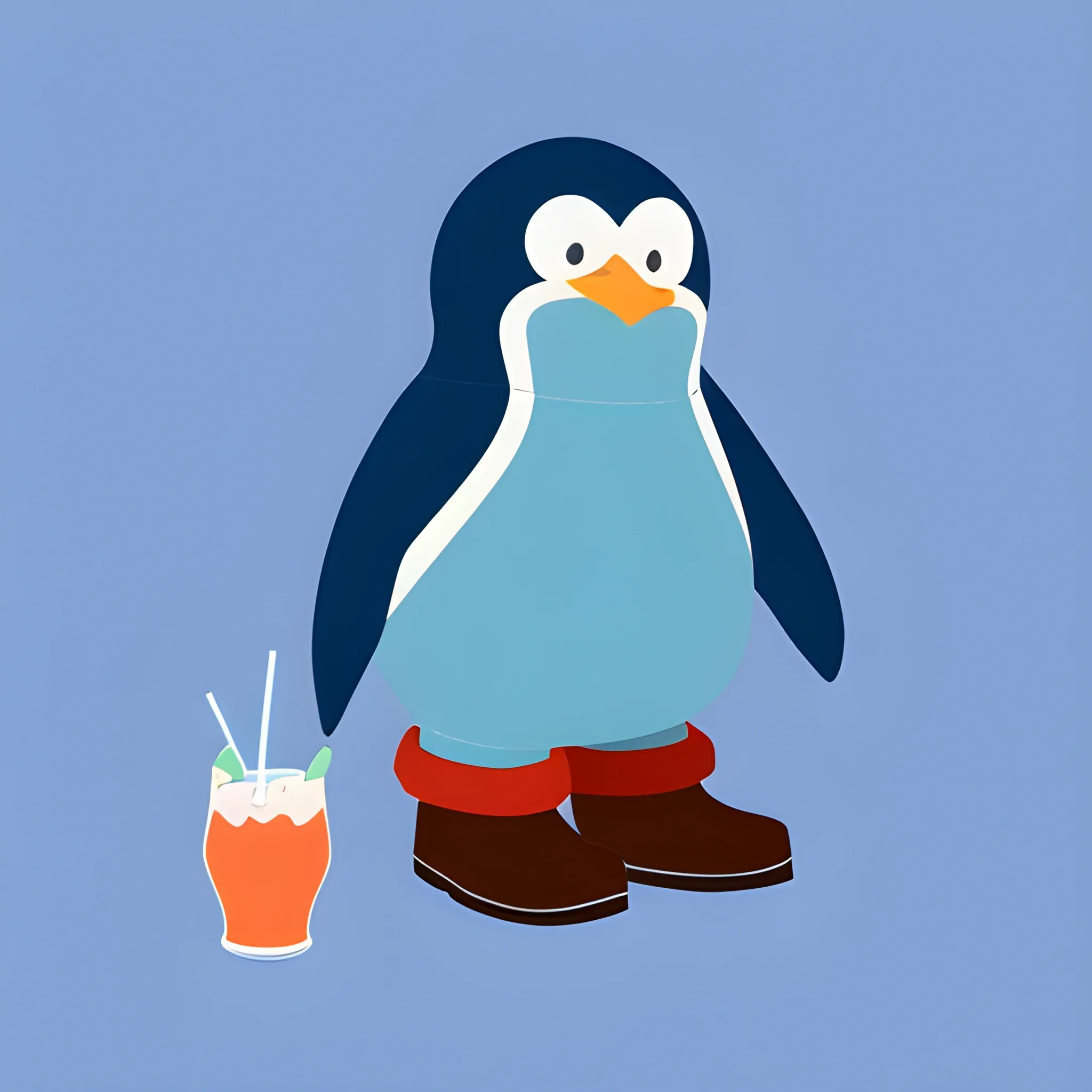 a big kind penguin in felt boots. He's holding a blue lagoon cocktail ((blue color)). The background is made in a neutral monochrome ruby color. A vector image. Cartoon style.