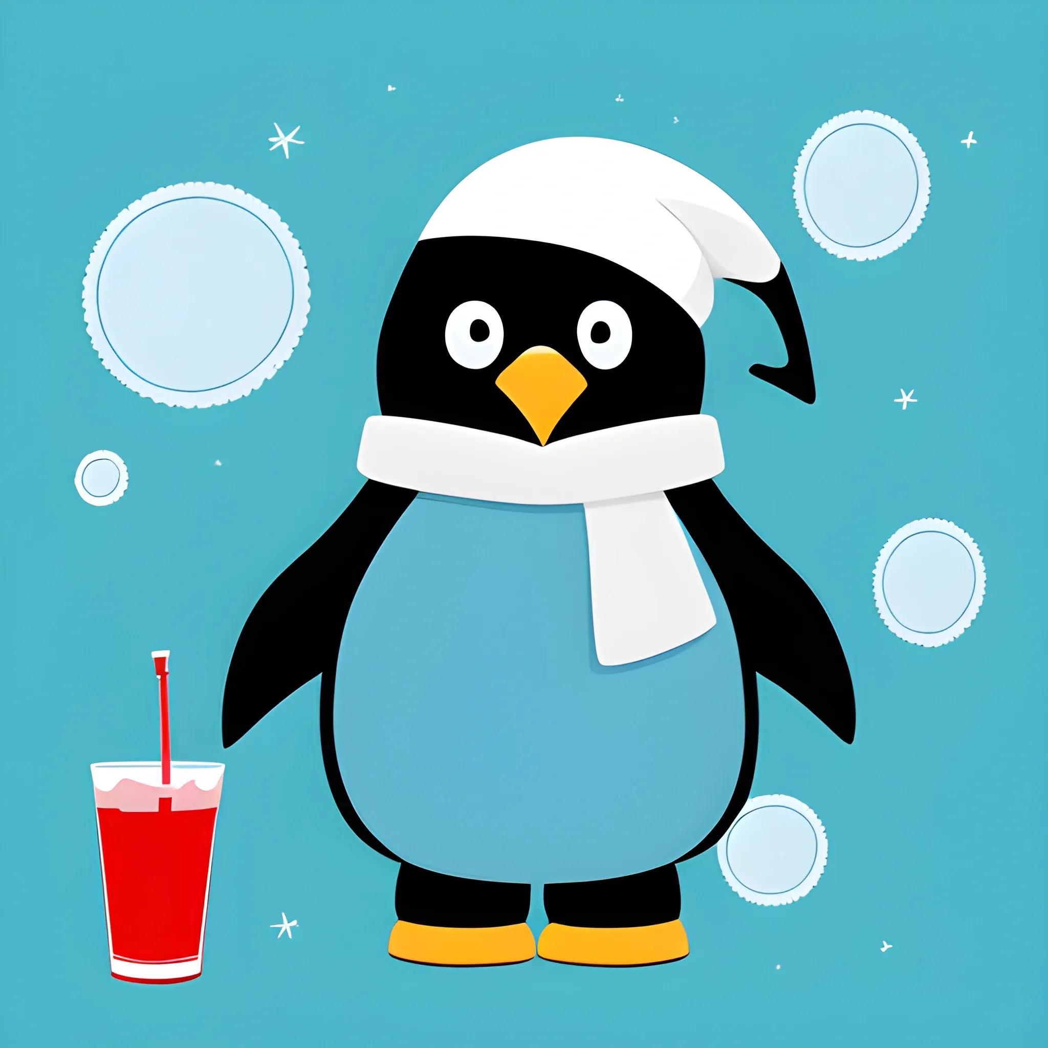 a big kind penguin in felt boots. He's holding a blue lagoon ((blue)) cocktail. The background is made in a neutral monochrome ruby color. A vector image. Cartoon style.