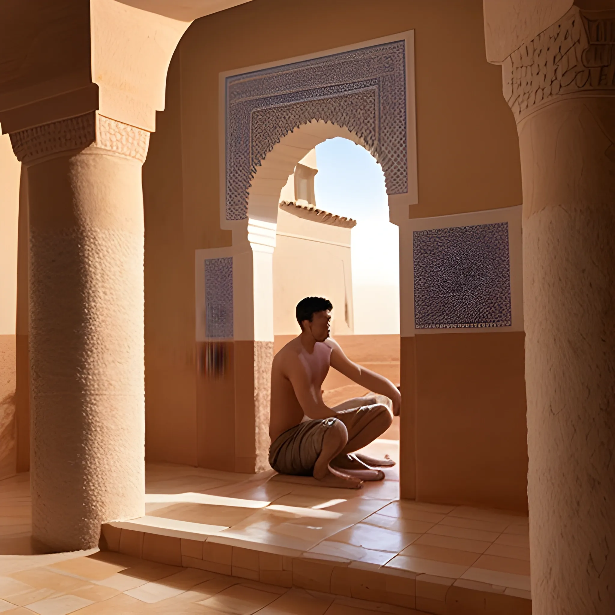 un joven en el hammam de marruecos jugando con el jabon
