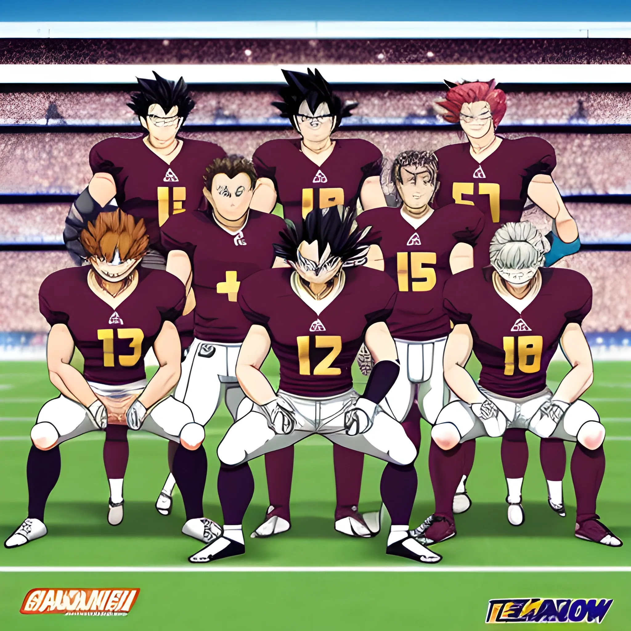 create a team picture of a football team, team captain in centre, Goku is team captain with a football under his right leg, other great anime characters are standing around him. The team will be in two colors maroon/white and black/gold, Cartoon