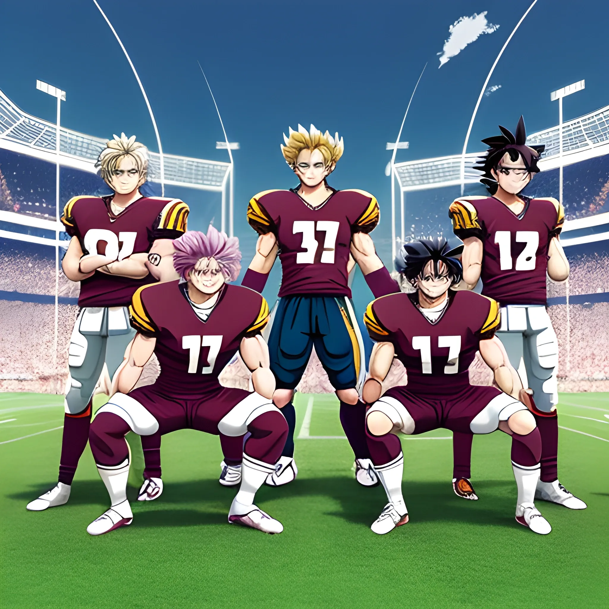 create a team picture of a football team, team captain in centre, Goku is team captain with a football under his right leg, other great anime characters are standing around him. The team will be in two colors maroon/white and black/gold, Cartoon, 3D