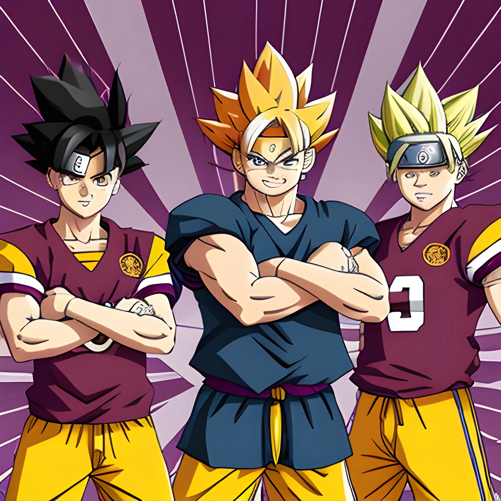 create a team picture of a football team, team captain in centre, Goku is team captain with a football under his right leg, other anime characters are  Naruto, asta ,Yugi standing around him. Team colors are maroon and white, Cartoon