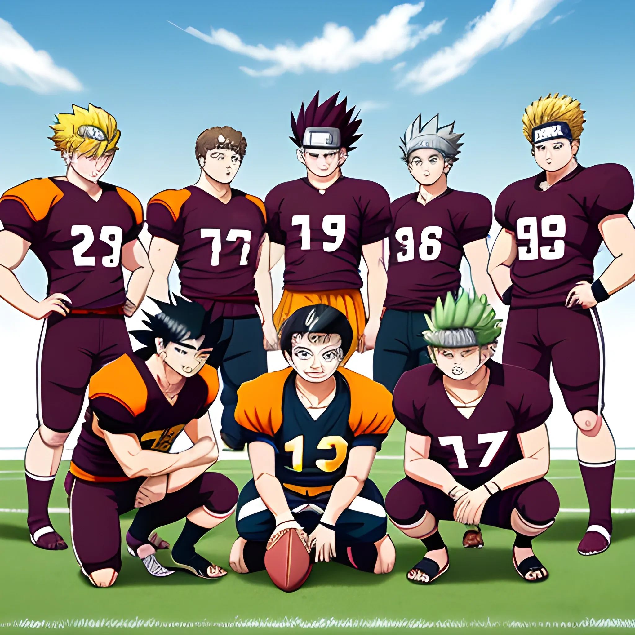 create a team picture of a football team, team captain in centre, Goku is team captain with a football under his right leg, other anime characters are  Naruto, asta ,Yugi standing around him. Team colors are maroon and white mascot is bulldogs, Cartoon