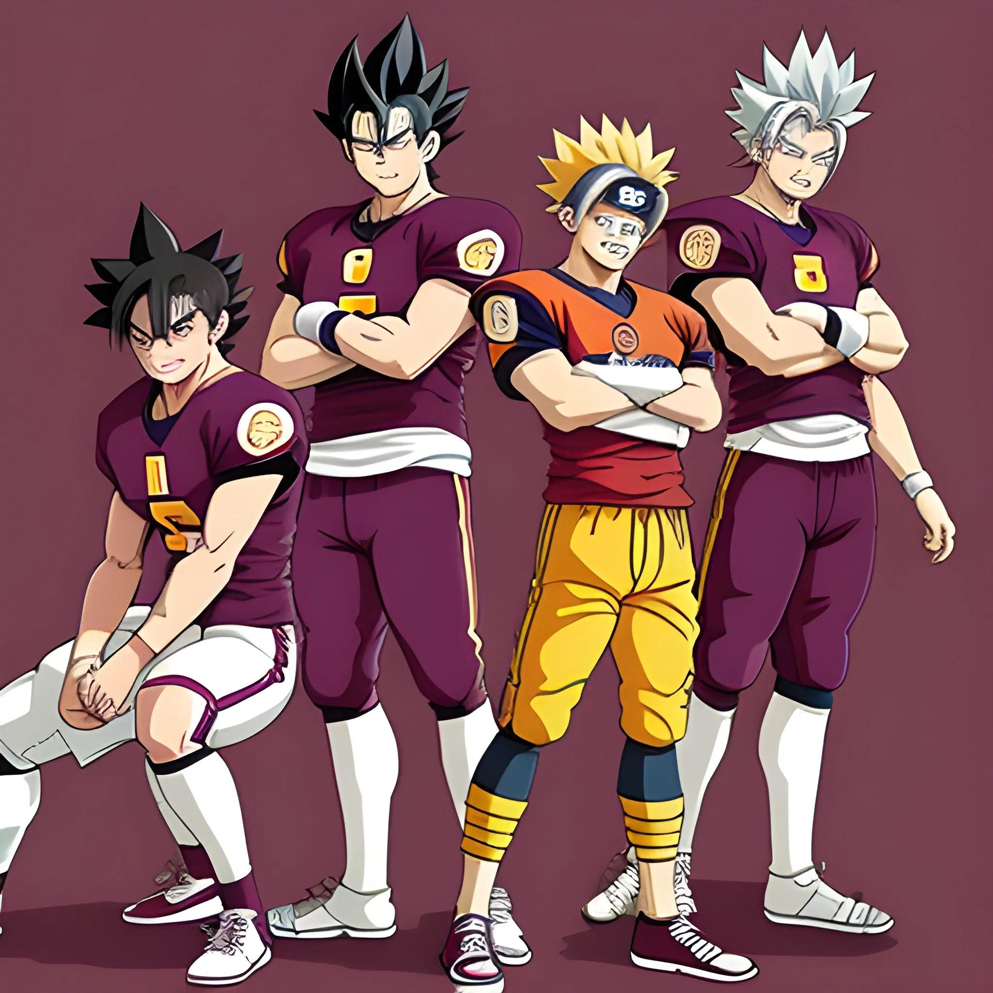 create a team picture of a football team, team captain in centre, Goku is team captain with a football under his right leg, other anime characters are  Naruto, asta ,Yugi standing around him. Team colors are maroon and white mascot is bulldog, Cartoon