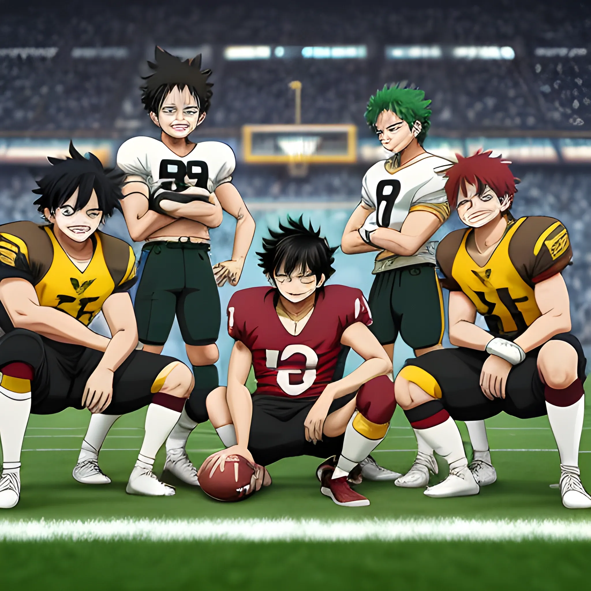 create a team picture of a football team, team captain in centre, luffy is team captain with a football under his right leg, deku and other anime characters are  standing around him. Team colors are black and gold Cartoon