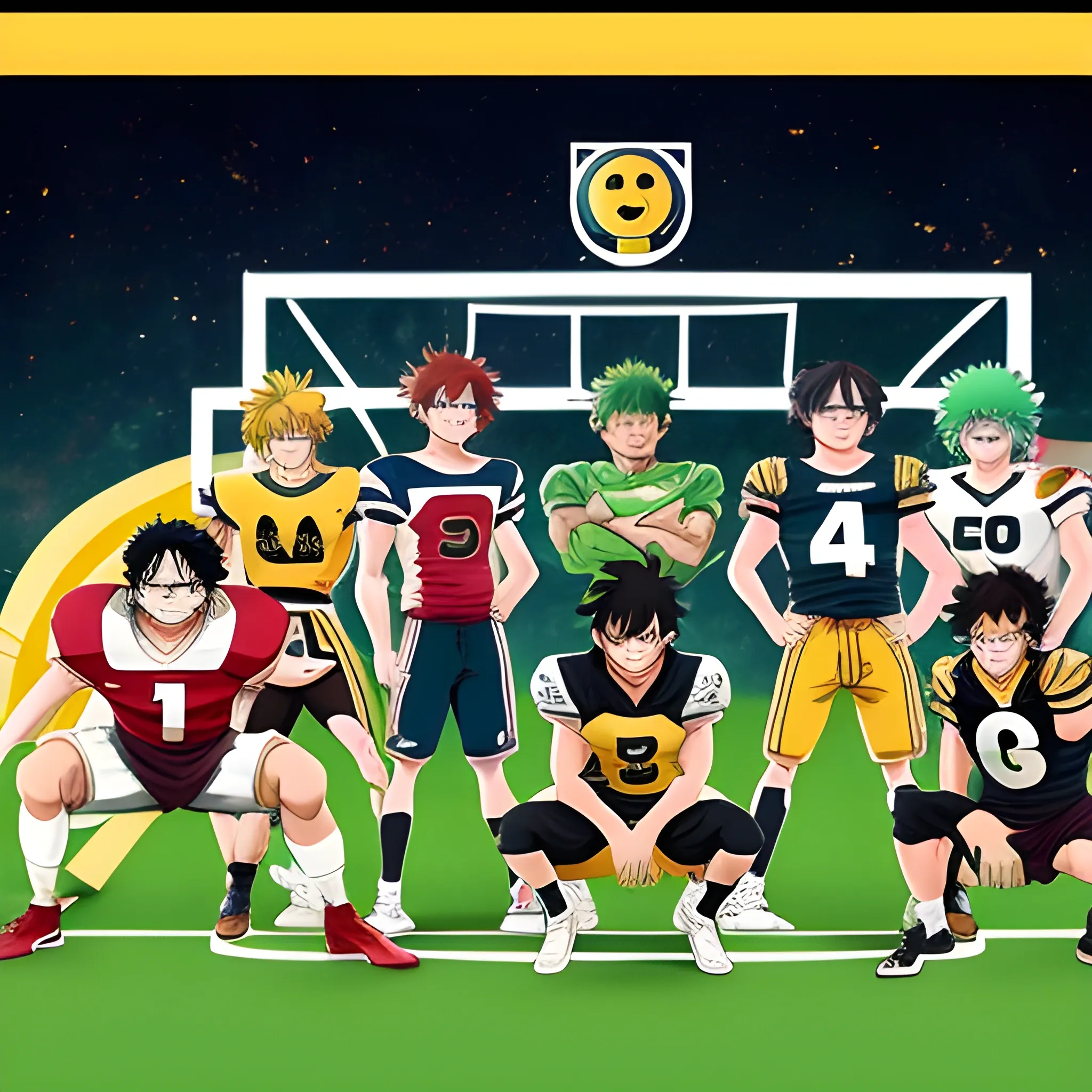 create a team picture of a football team, team captain in centre, luffy is team captain with a football under his right leg, deku and other anime characters are  standing around him. Team colors are black and gold Cartoon