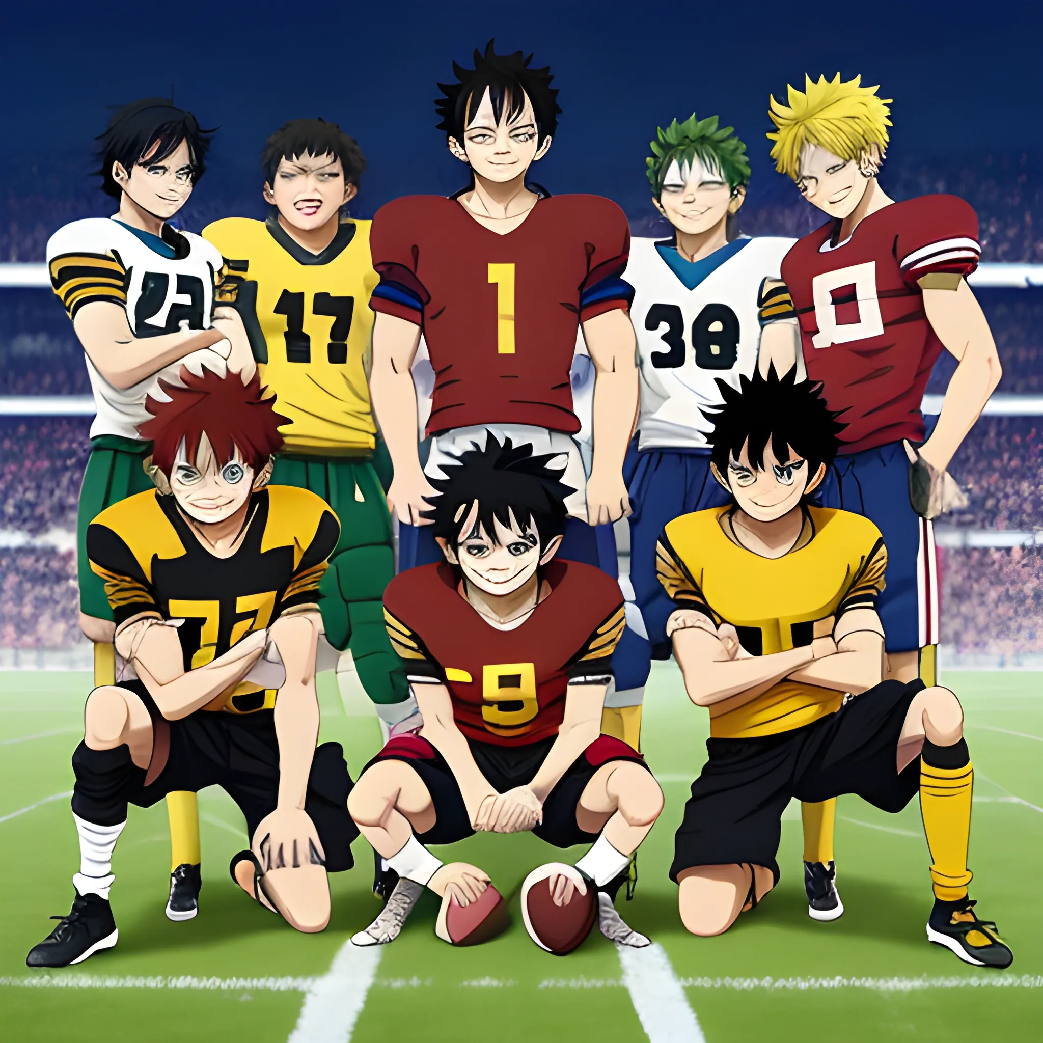 create a team picture of a football team, team captain in centre, luffy is team captain with a football under his right leg, deku and other anime characters are  standing around him. Team colors are black and gold Cartoon