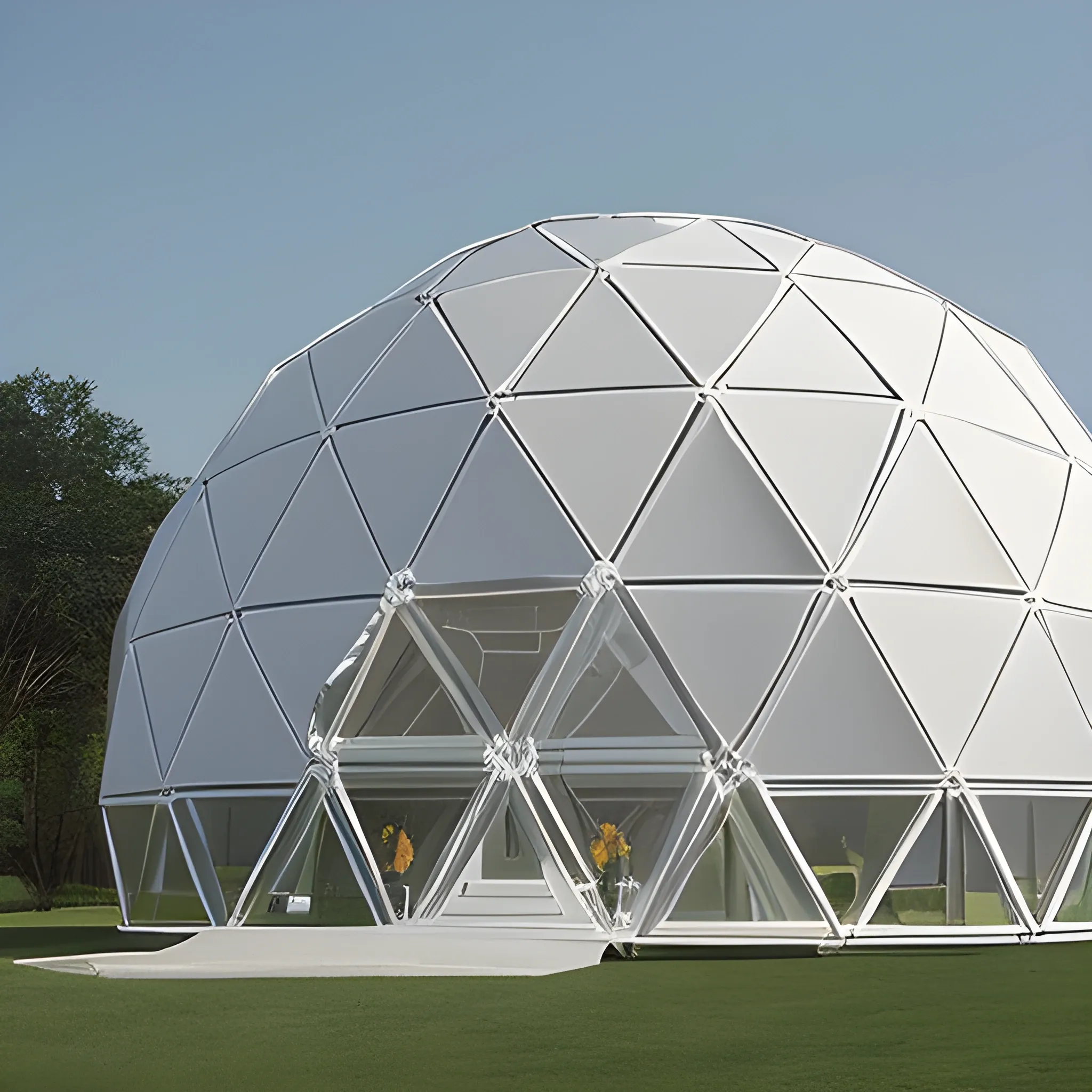 A two-story hexagonal white building with a geodesic dome on top