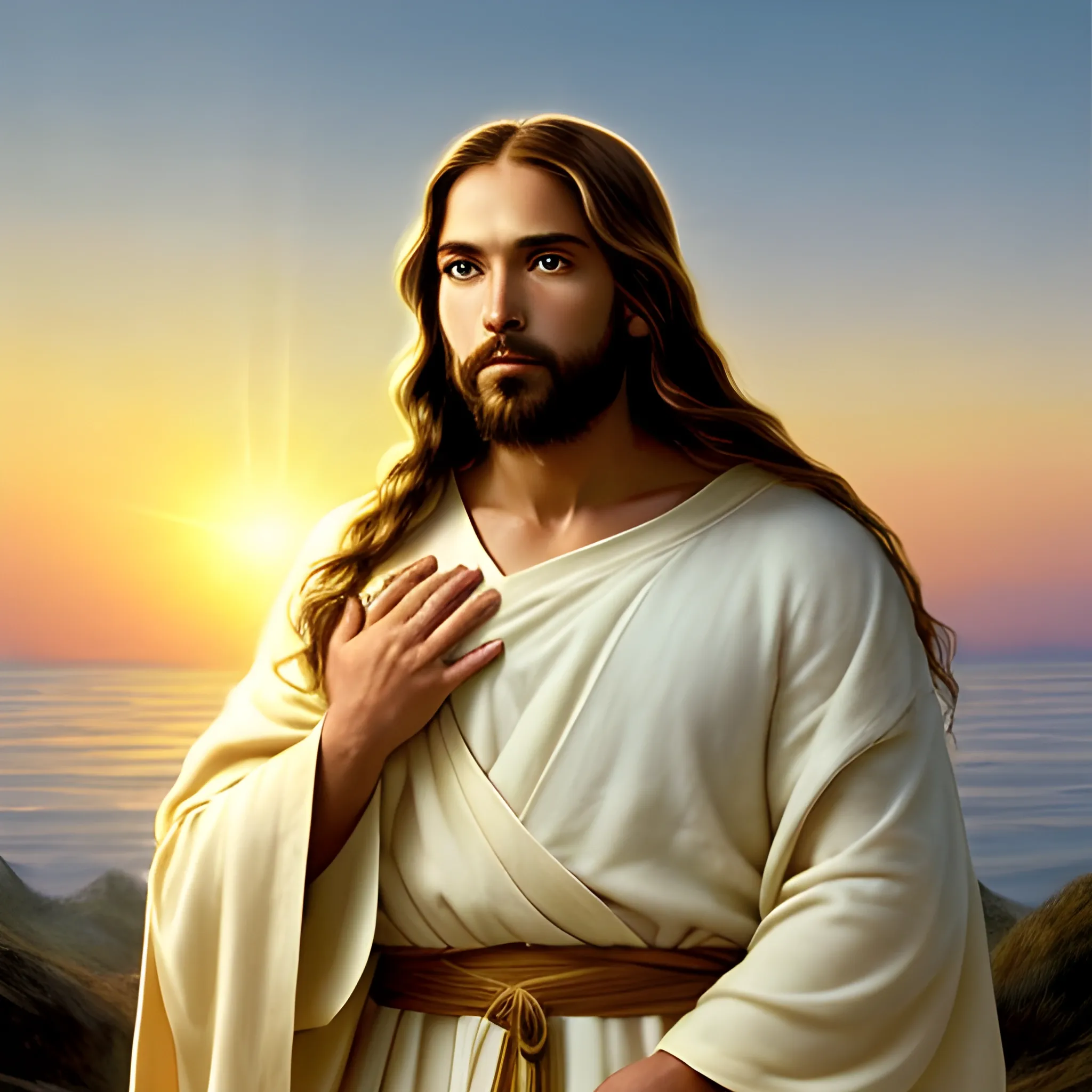 Aquí tienes un prompt para generar una imagen de Jesús en alta resolución:

_"A beautiful, serene depiction of Jesus Christ with soft, radiant light surrounding him. He has gentle, compassionate eyes, a peaceful expression, and long flowing brown hair. He is wearing simple robes in white and beige with subtle golden accents. Behind him, a warm, golden sunrise creates a heavenly glow, with soft clouds in the background. His arms are outstretched in a welcoming, loving gesture, and a faint halo is visible around his head. The overall atmosphere is peaceful, inspiring, and divine."_