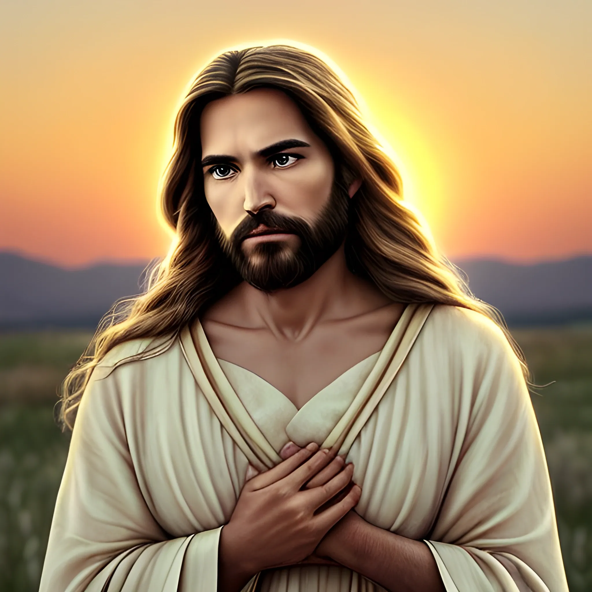 Aquí tienes un prompt para generar una imagen de Jesús en alta resolución:

_"A beautiful, serene depiction of Jesus Christ with soft, radiant light surrounding him. He has gentle, compassionate eyes, a peaceful expression, and long flowing brown hair. He is wearing simple robes in white and beige with subtle golden accents. Behind him, a warm, golden sunrise creates a heavenly glow, with soft clouds in the background. His arms are outstretched in a welcoming, loving gesture, and a faint halo is visible around his head. The overall atmosphere is peaceful, inspiring, and divine."_