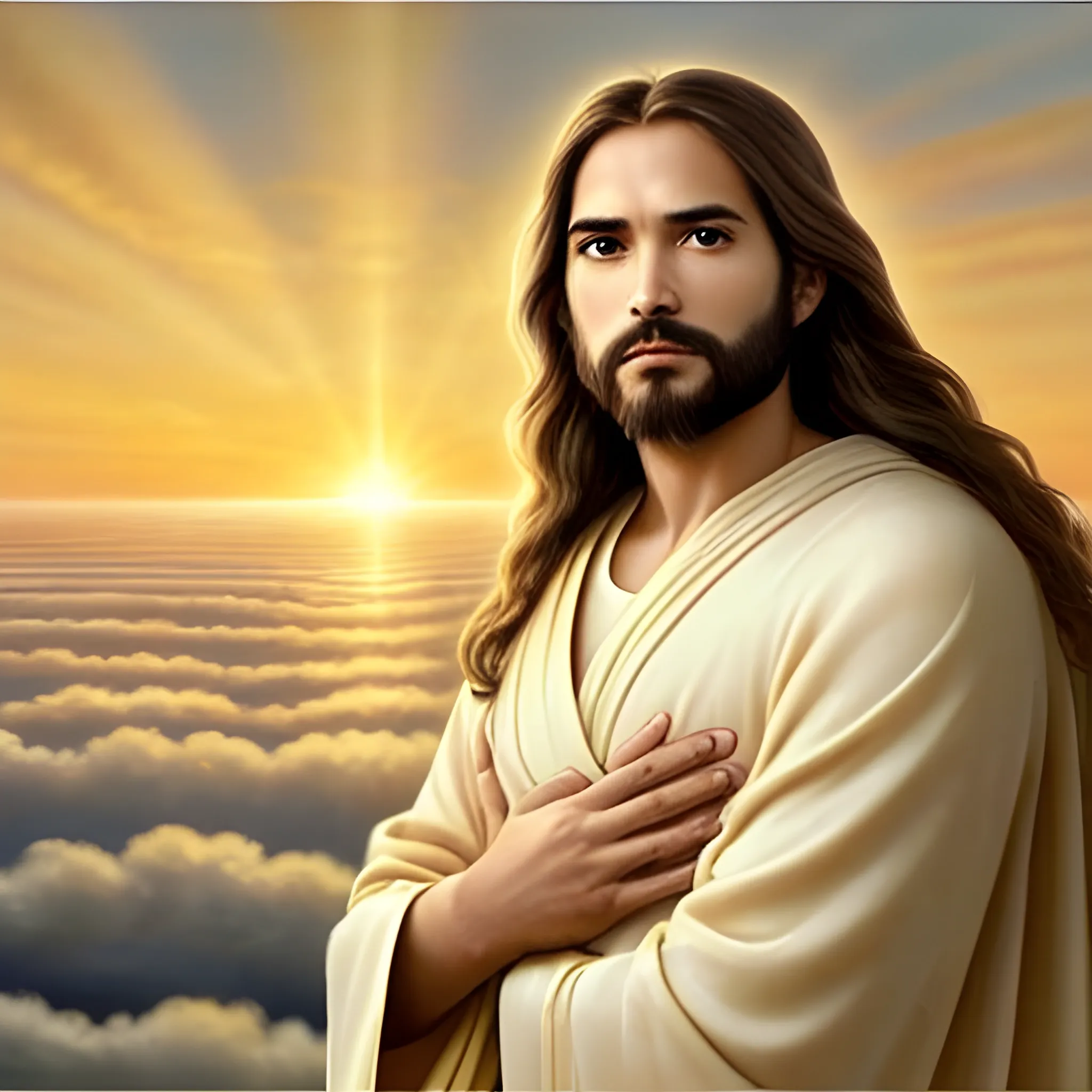 Aquí tienes un prompt para generar una imagen de Jesús en alta resolución:

_"A beautiful, serene depiction of Jesus Christ with soft, radiant light surrounding him. He has gentle, compassionate eyes, a peaceful expression, and long flowing brown hair. He is wearing simple robes in white and beige with subtle golden accents. Behind him, a warm, golden sunrise creates a heavenly glow, with soft clouds in the background. His arms are outstretched in a welcoming, loving gesture, and a faint halo is visible around his head. The overall atmosphere is peaceful, inspiring, and divine."_