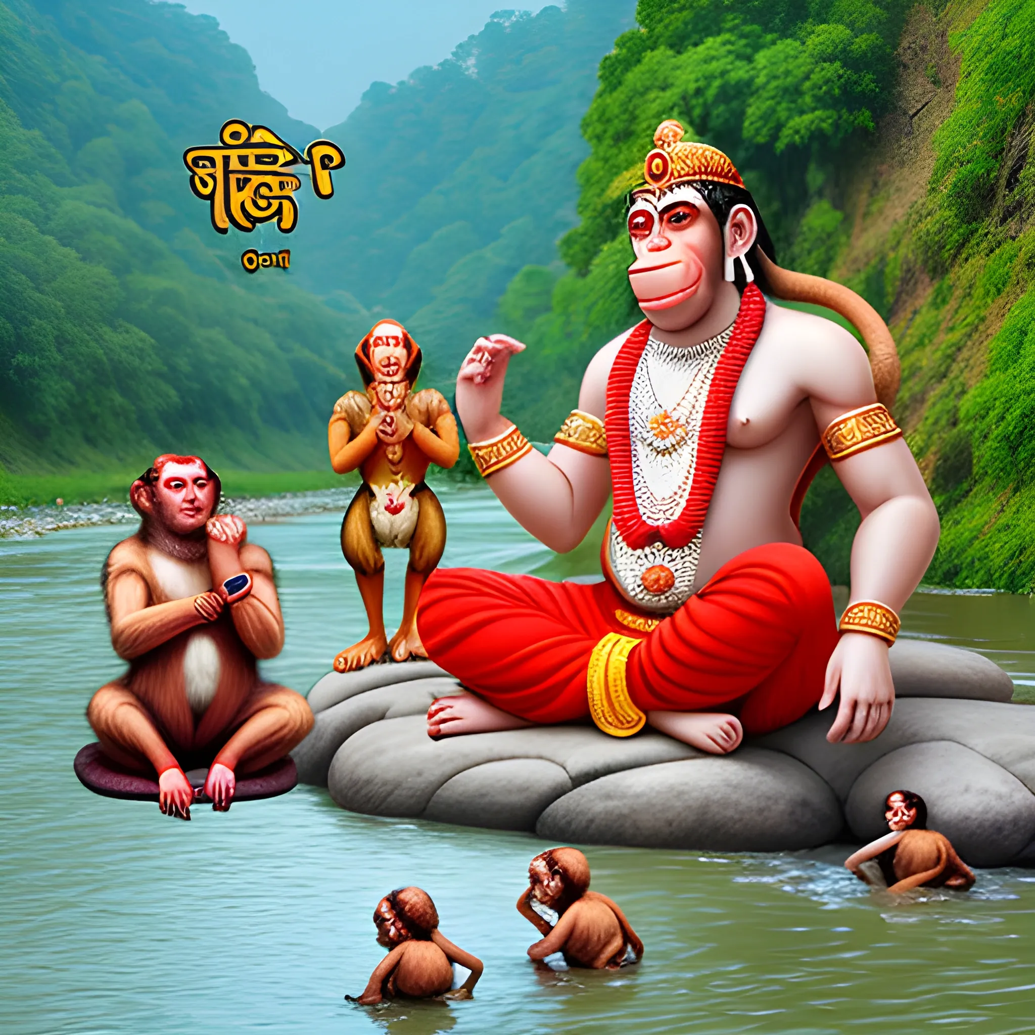 hanuman ji chanting ram name in the bank of a river with other monkeys. everyone is happy