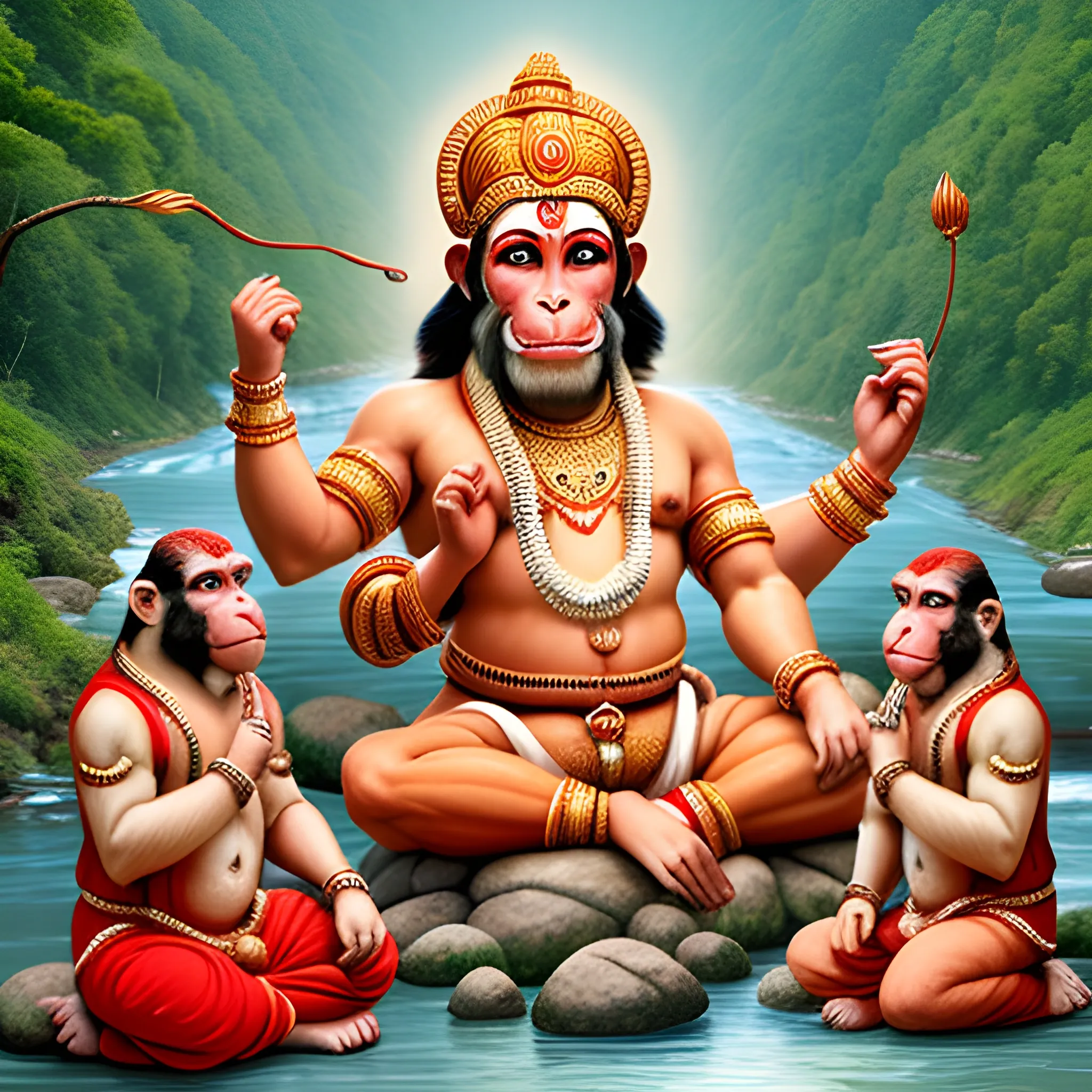 hanuman ji chanting ram name in the bank of a river with other monkeys. everyone is happy detailed very well
